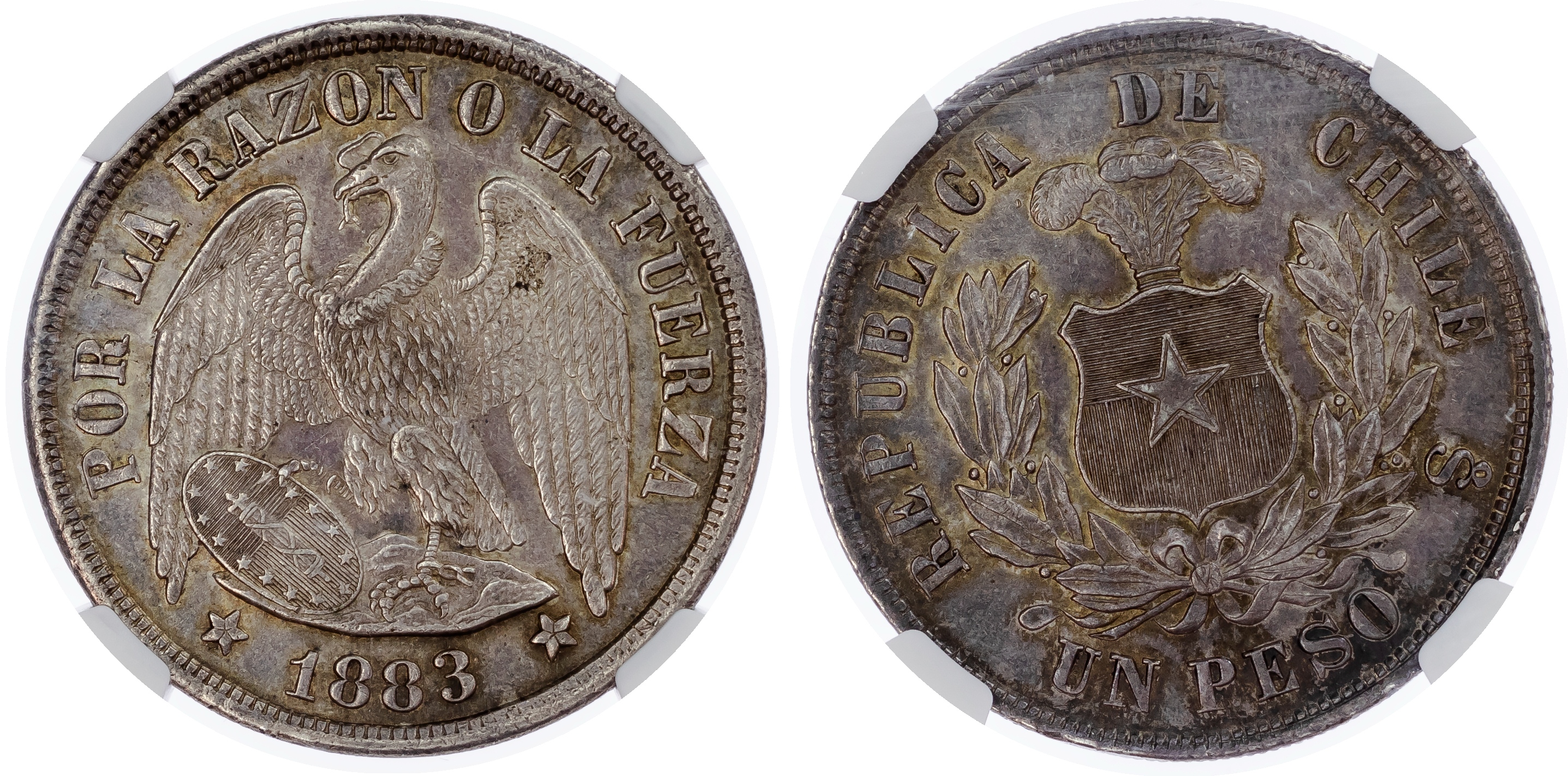 Chile, Republic AR Peso. Round top 3 variety. Santiago mint, 1883SO.