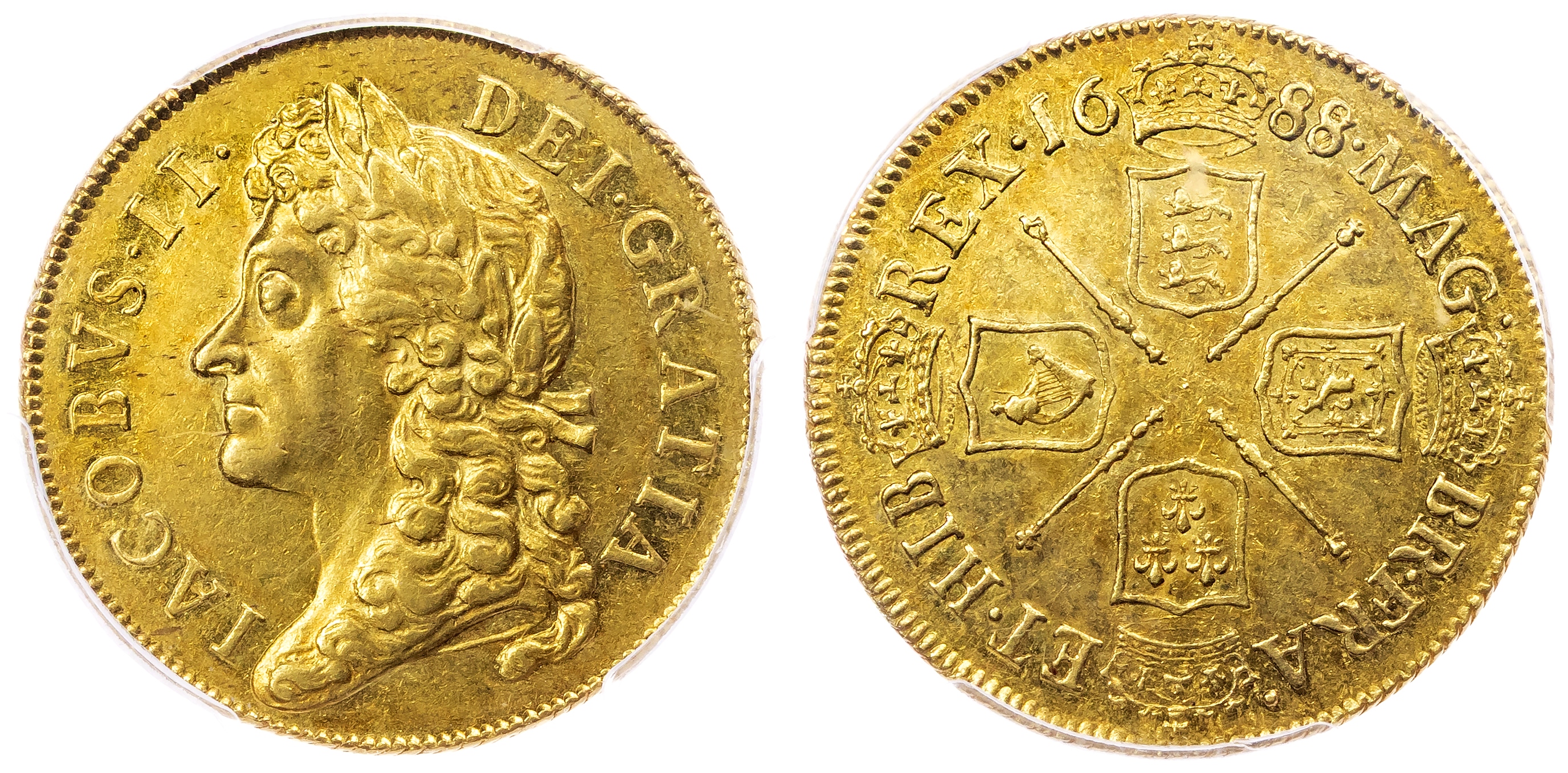 James II (1685-1688), AR Two Guineas, 1688/7. PCGS AU58 (Second Finest Graded)   