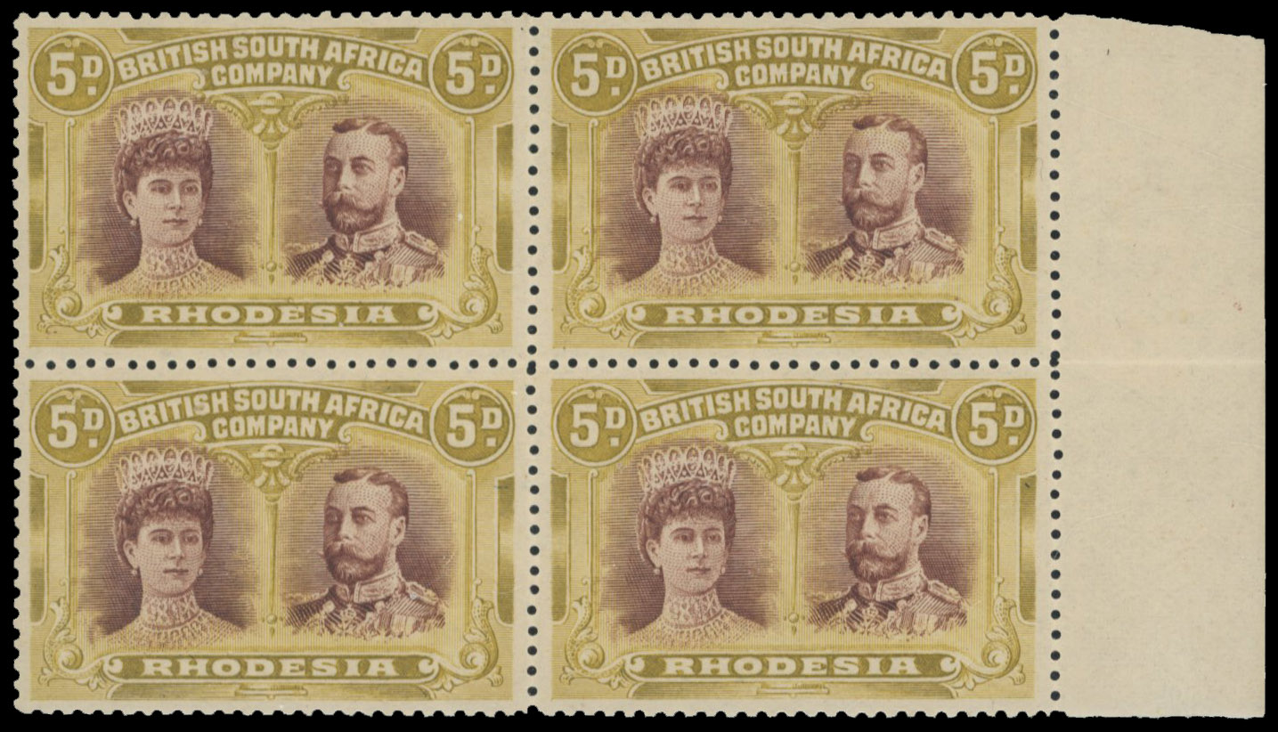 5d purple-brown and olive-yellow SG 141a block, positions 9-15 mint
