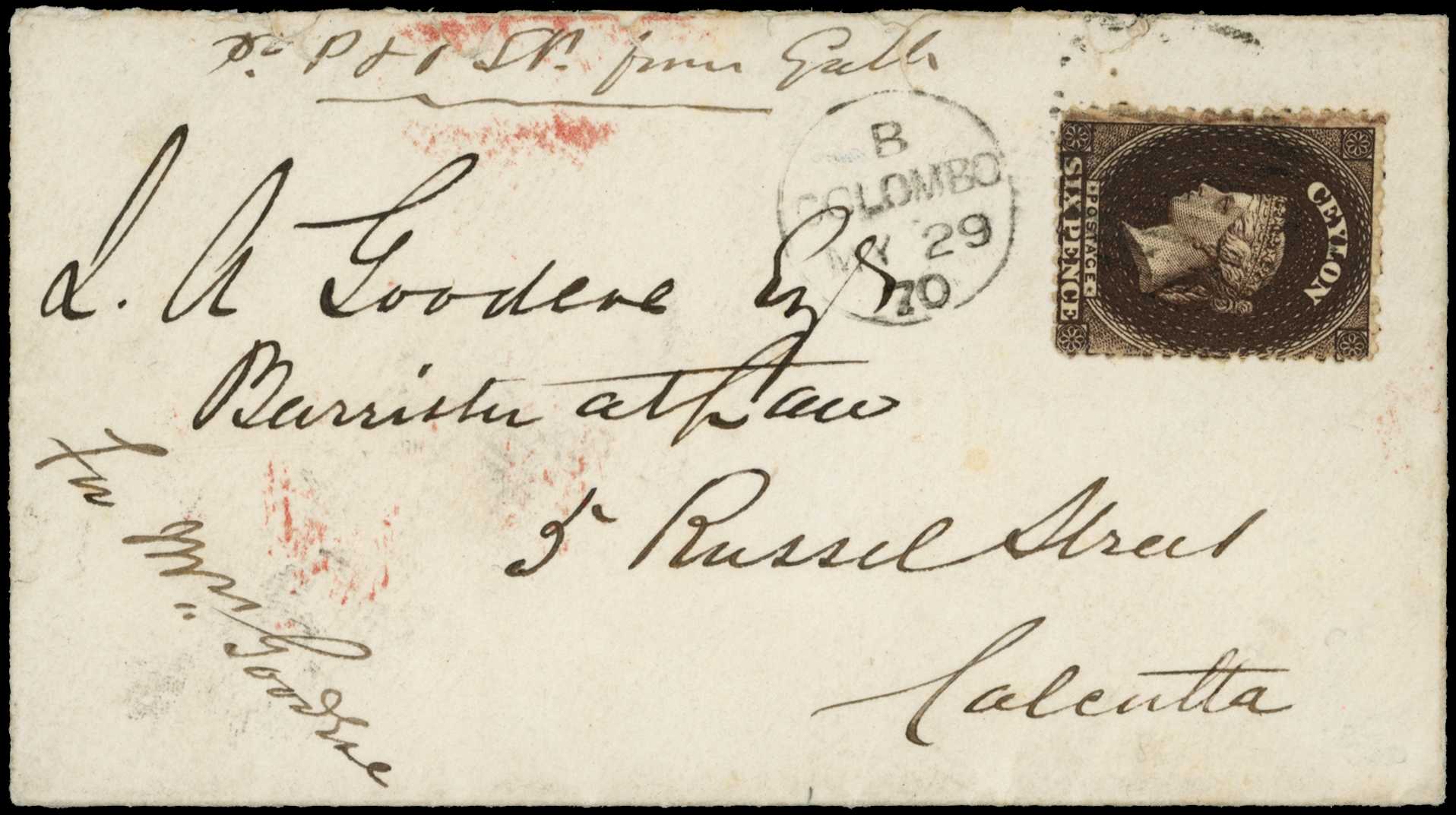 POSTAL HISTORY: 1870 envelope to Calcutta Per...
