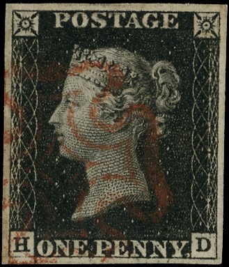 1840 1d black plate 1a (HD) four margins, cancelled with a neat dark red...