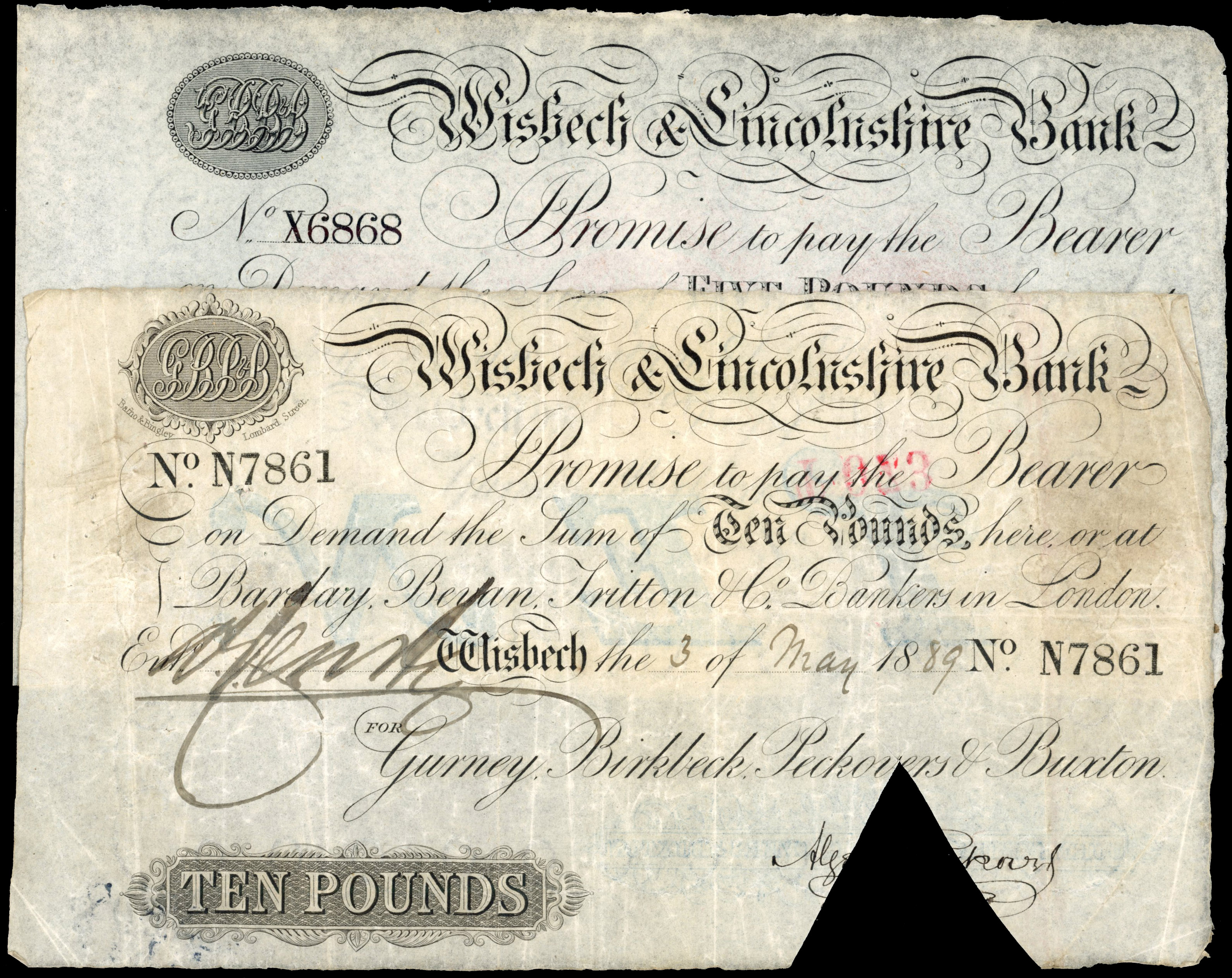 WISBECH, Wisbech & Lincolnshire Bank, for Gurney, Birkbeck, Peckovers & Buxton, £10.,3 May 1889 and for Gurney…