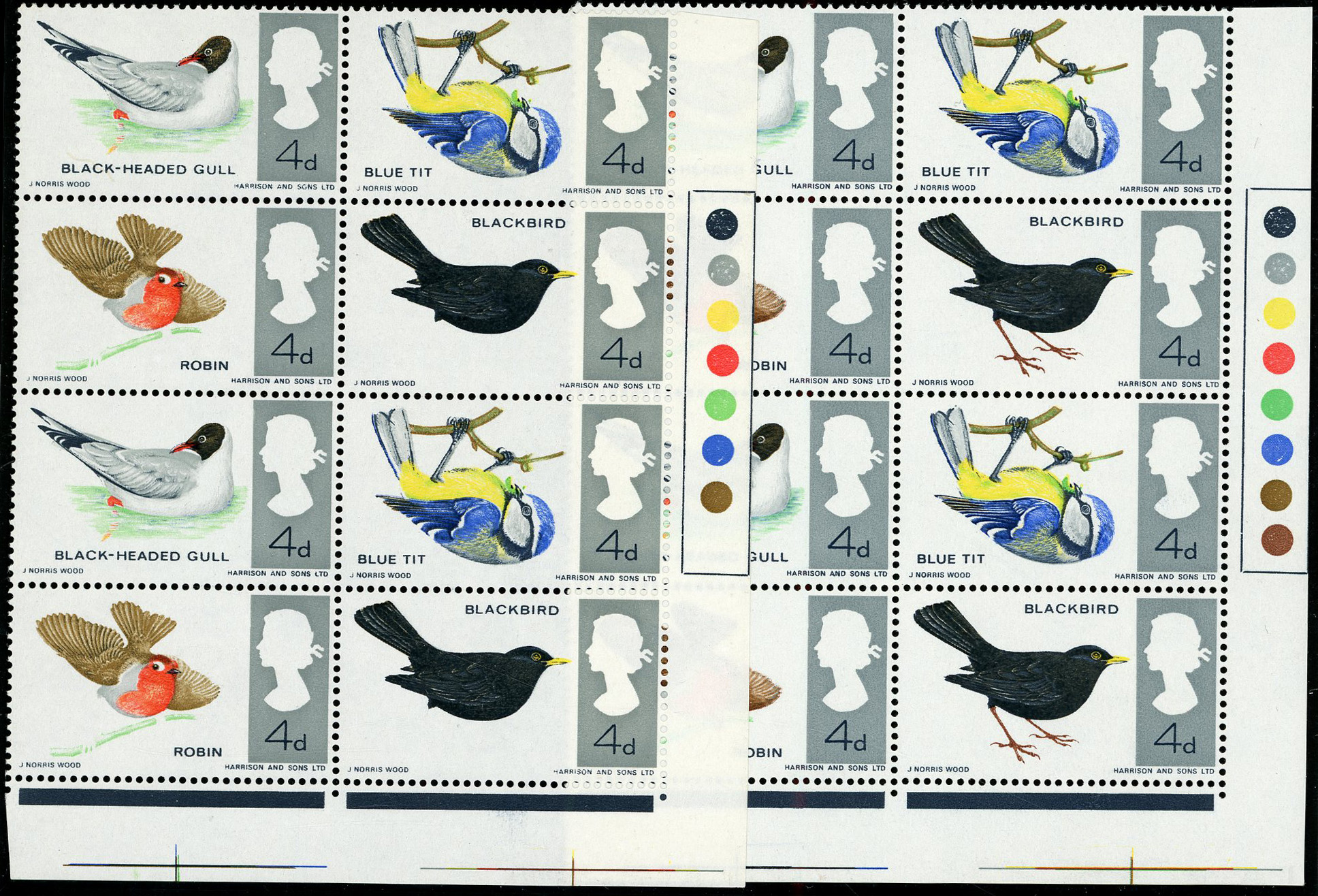 GB: 1966 4d British Birds, ordinary, bottom right hand corner traffic light block of 8 (2x4) reddish-brown omitted 