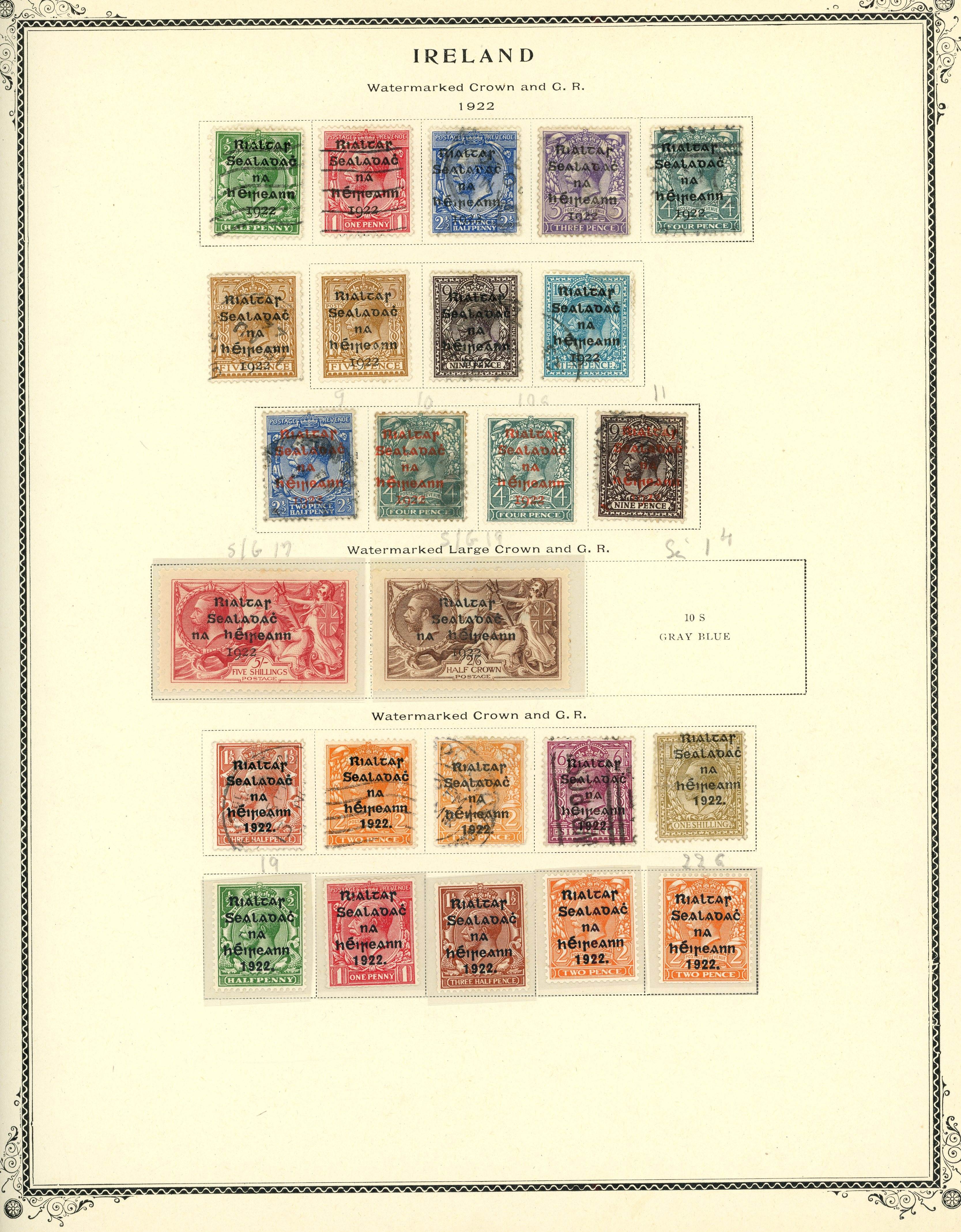 IRELAND: Mixed mint and used on album leaves including mint 1922 2s6d and 5s, 1937 and 1943 2s6d, 5s and 10s,