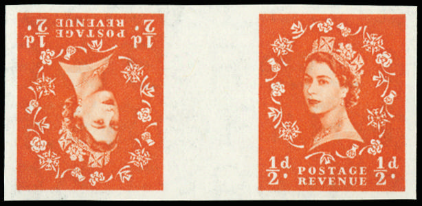GB 1955 ½d Orange-red (Wmk. St Edward's Crown). Superb unmounted o.g imperforate tête-bêche gutter pair… SG540var