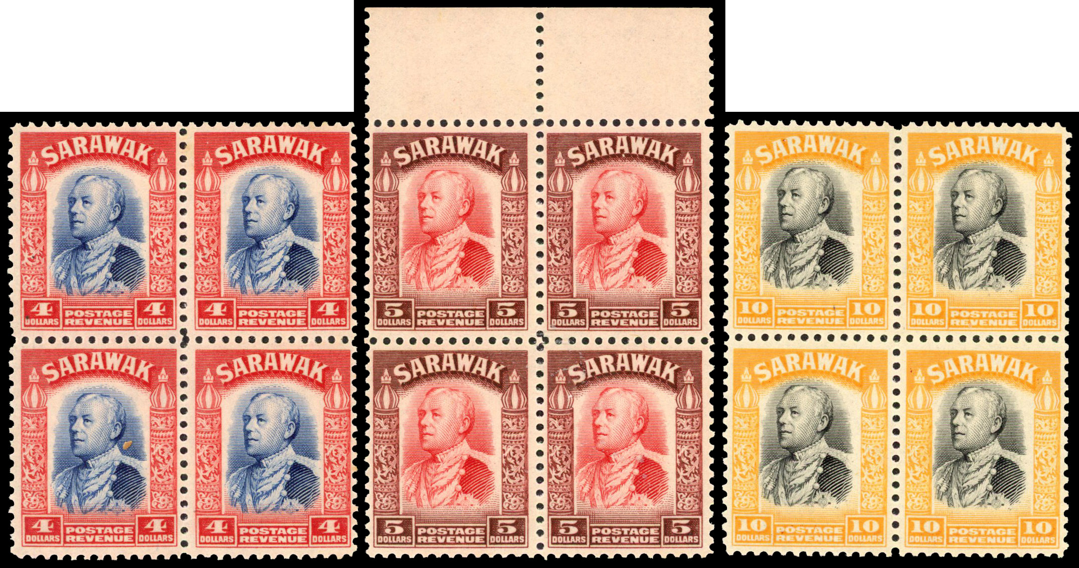 1934-41 $4, $5 and $10 in fresh unmounted o.g. blocks of four.  SG 143-5,...