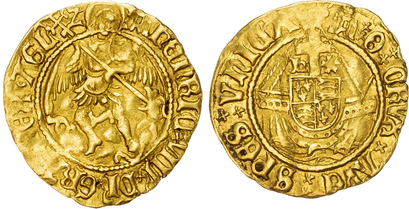 Henry VIII (1509-1547) Half Angel, first coinage, mintmark castle (1509-26).