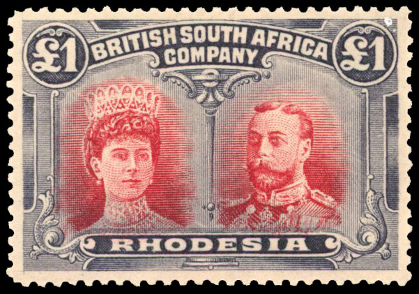 Rhodesia 1910-13 £1 carmine-red and (blackish) indigo perf 14