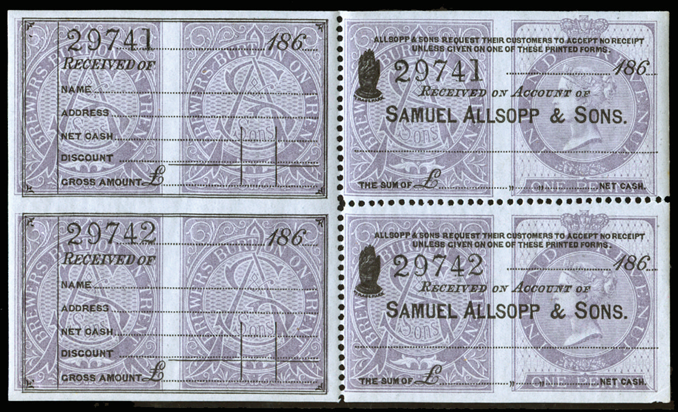 Great Britain 1863 Samuel Allsopp & Sons Receipt/Excise labels. (Wmk Cabled anchor). Superb unmounted o.g. pane of…