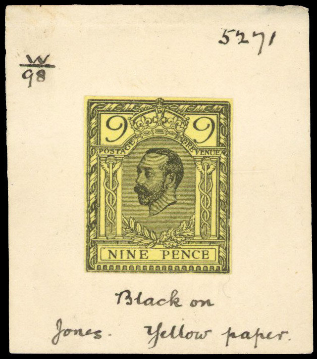 1910 Hentschel essay 9d printed in black on yellow paper affixed to thin card (40 x 43mm)
