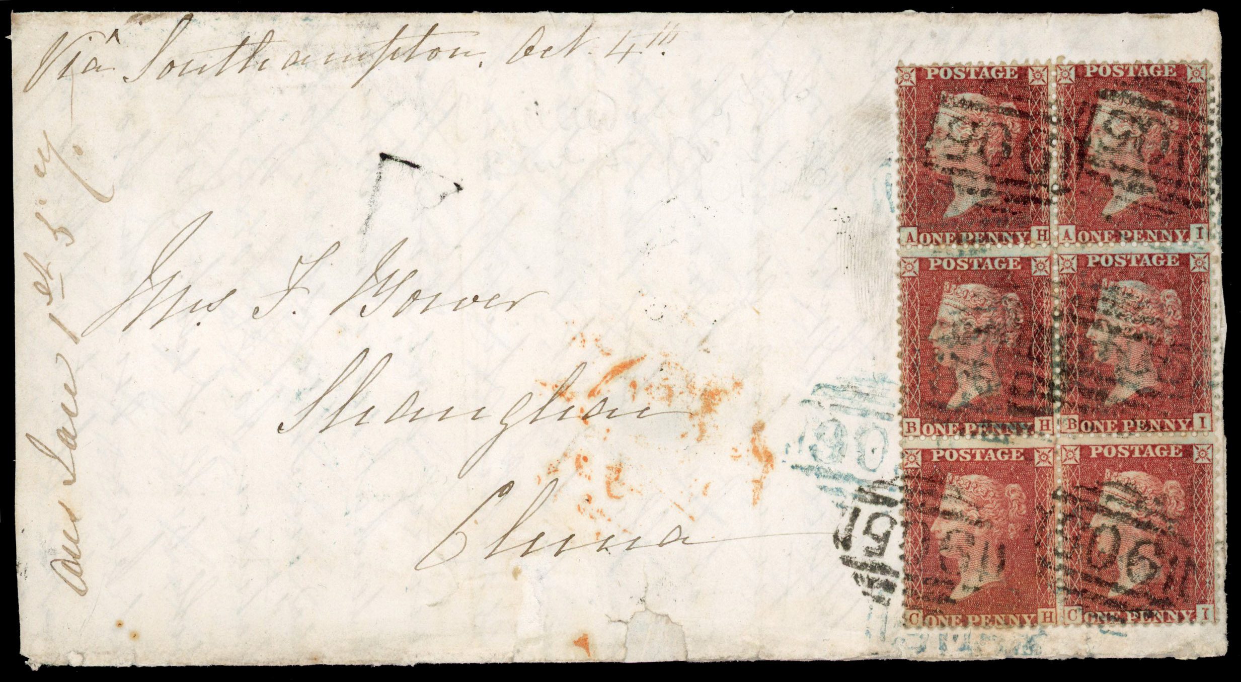 1856 Overseas mail. Fine wrapper to Shanghai block 6 (SG29)