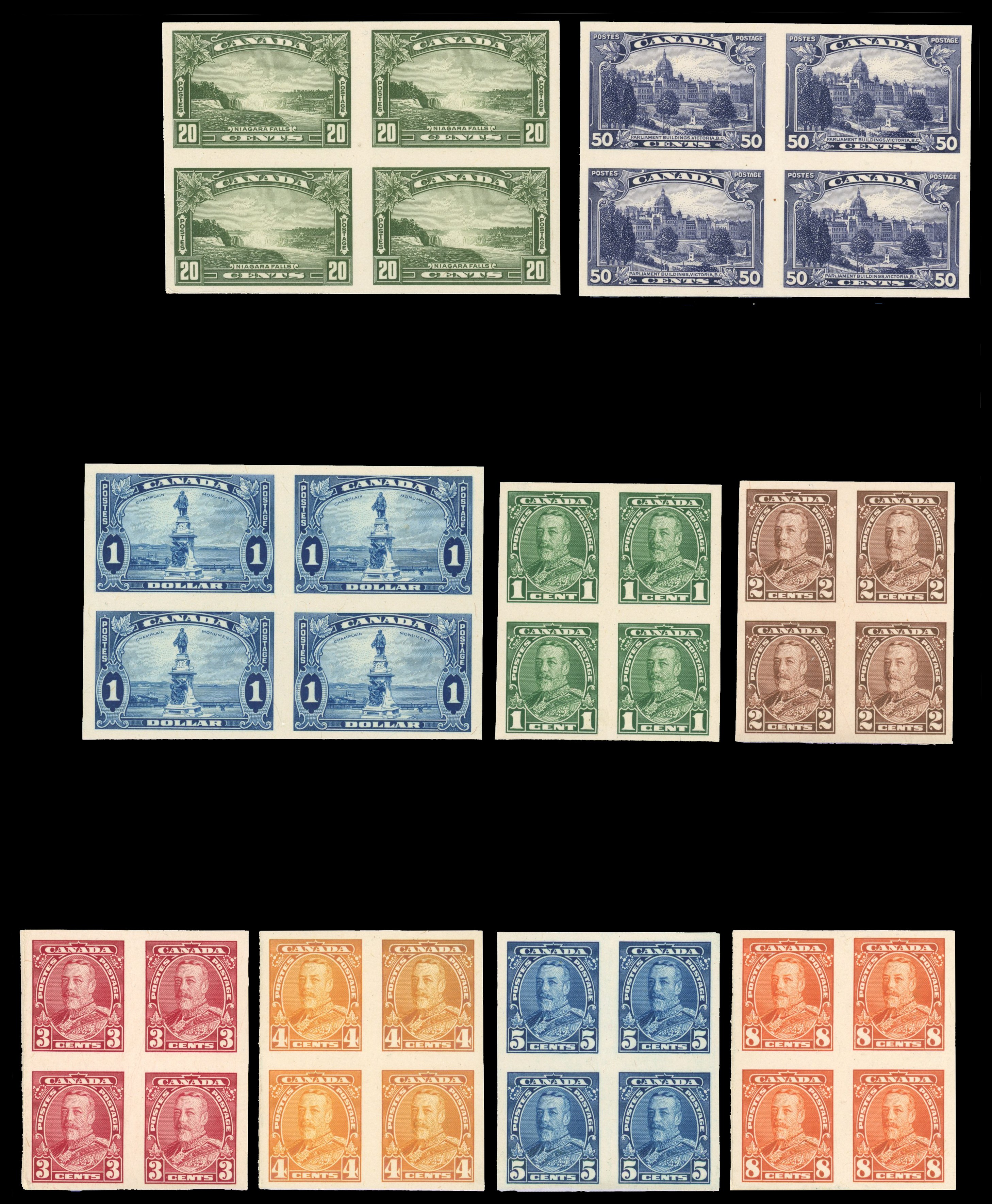 1935 imperf plate proofs in blocks of four SG 341-351var