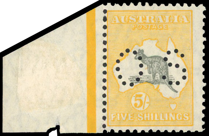 1929 5s grey and yellow punctured ‘OS’ fine large part o.g. SG 0118 £800
