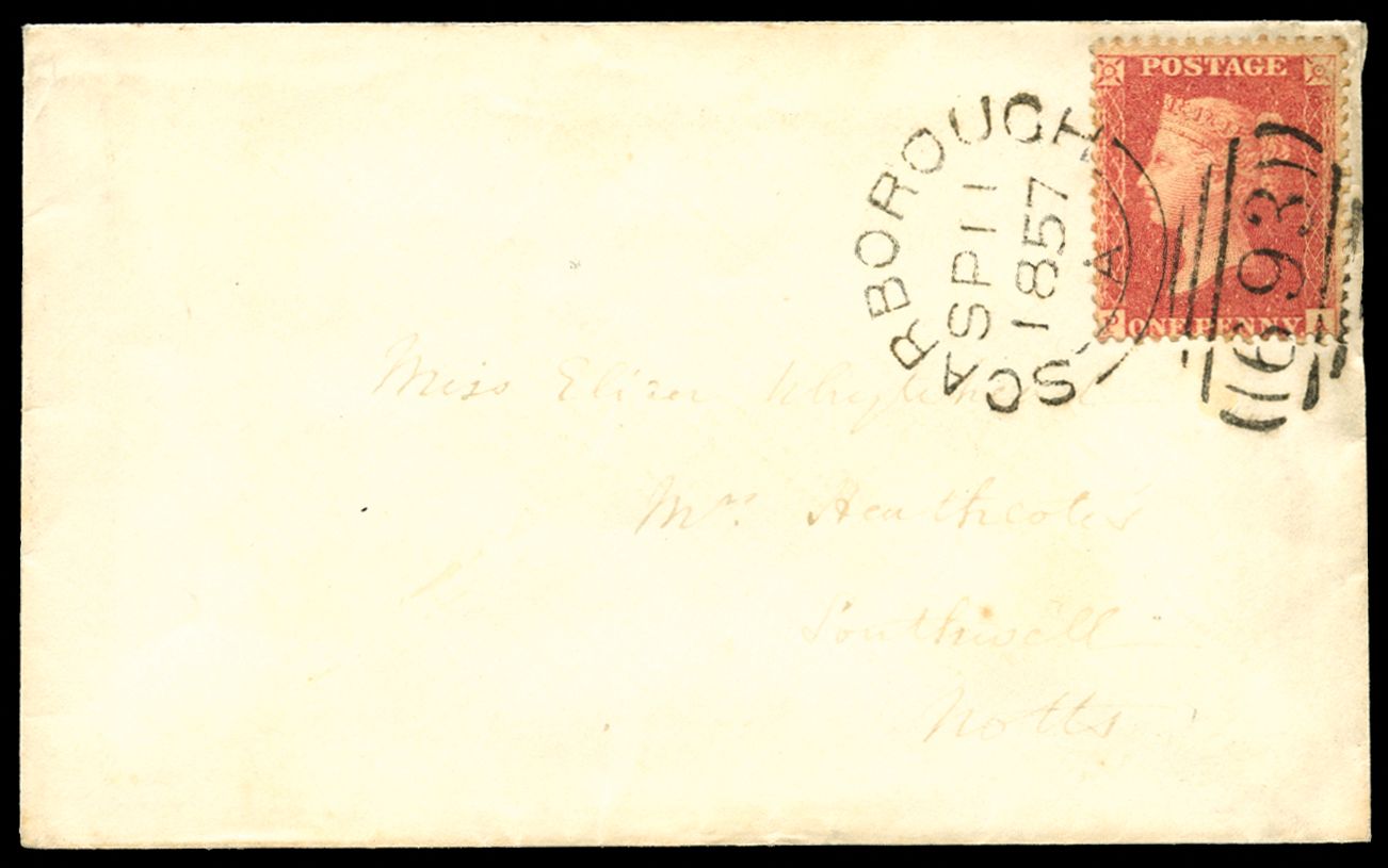 1857 1d Pale red Pl.37. Very fine used example lettered PA neatly tied to a clean uncreased envelope by a Scarborough "693"...