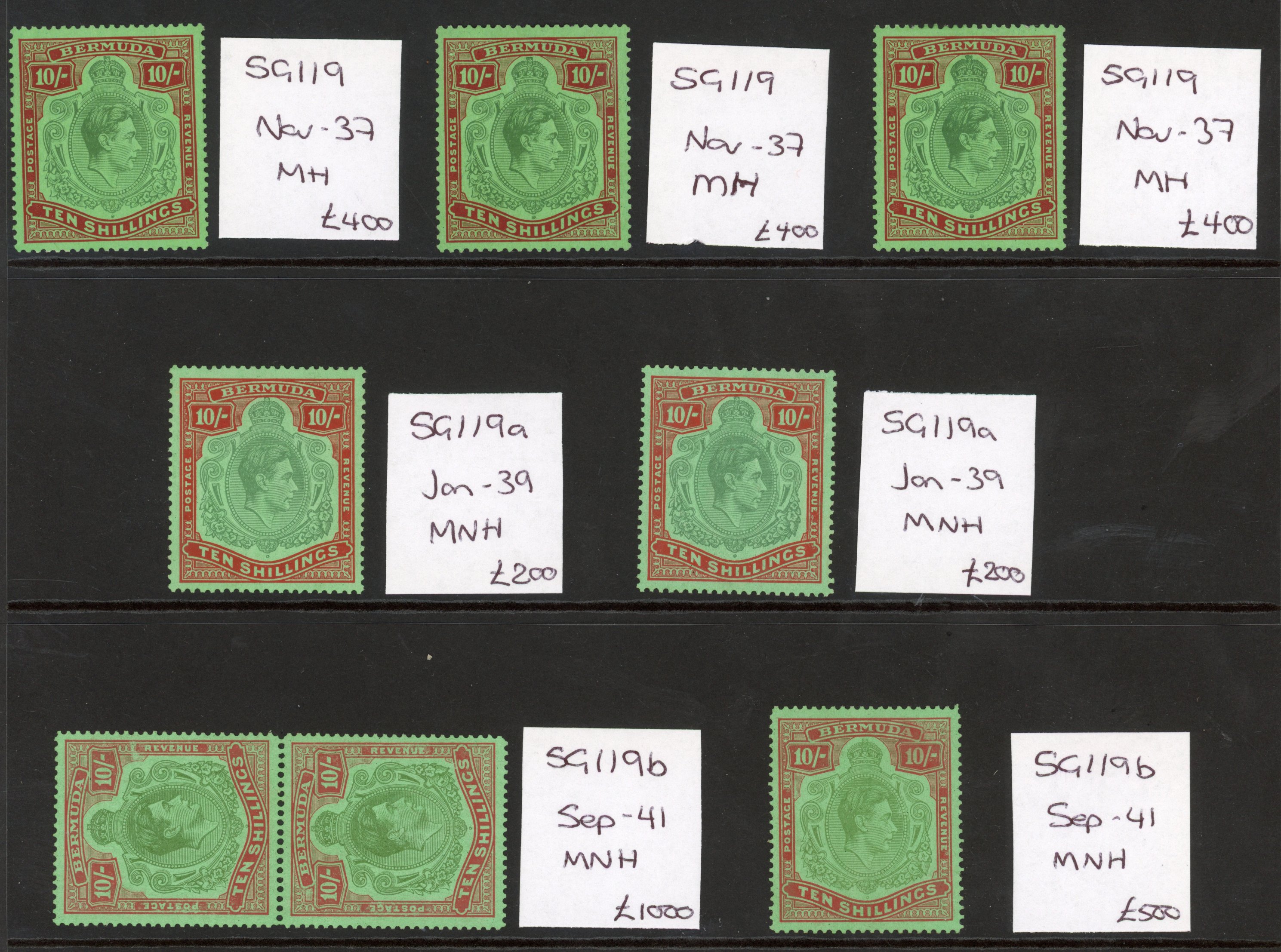 Bermuda SG 119/119f 1938-53 10s mint range