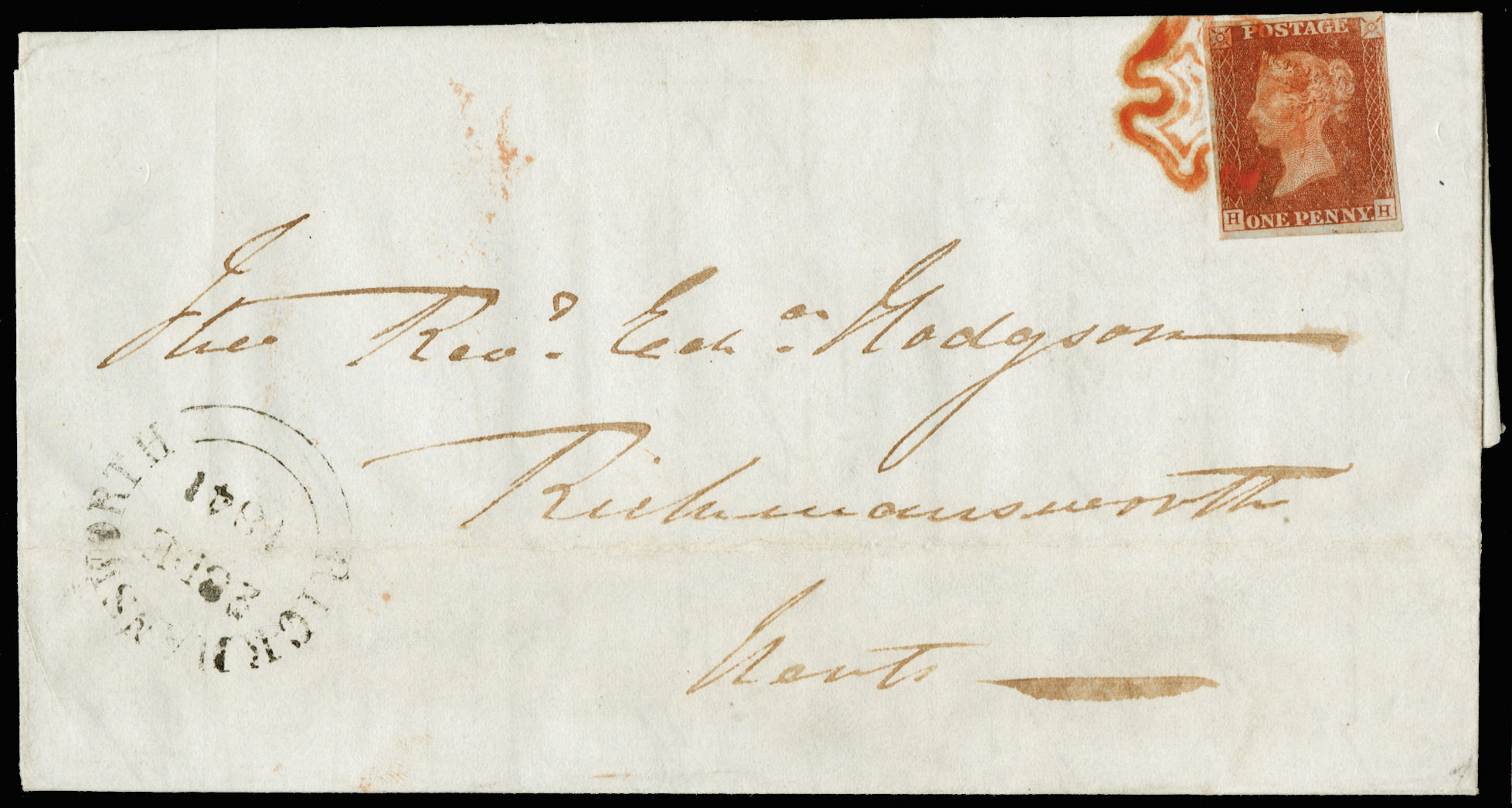 1841 1d red-brown Plate 16. Very fine used four-margined example lettered HH beautifully tied to cover by…