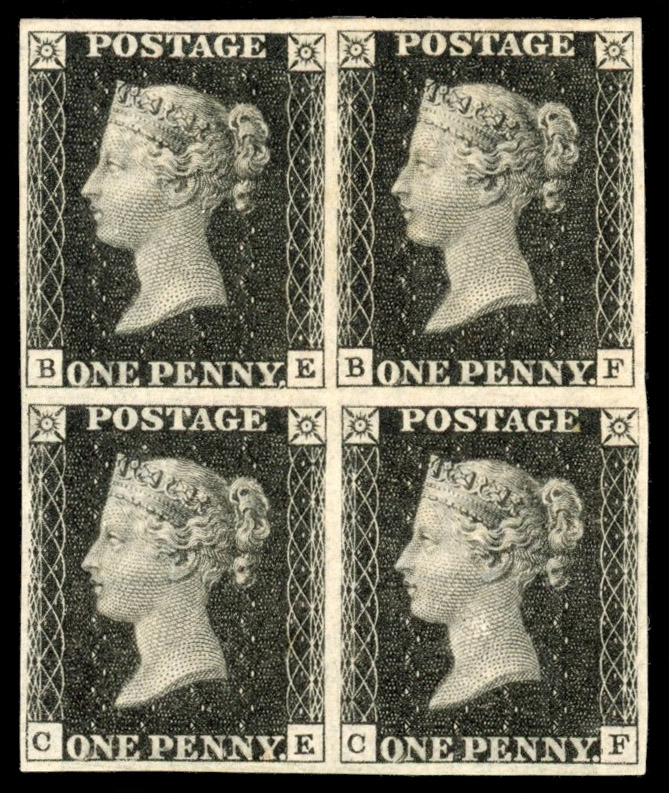 SG 2 1840 1d black Plate 7 block mint