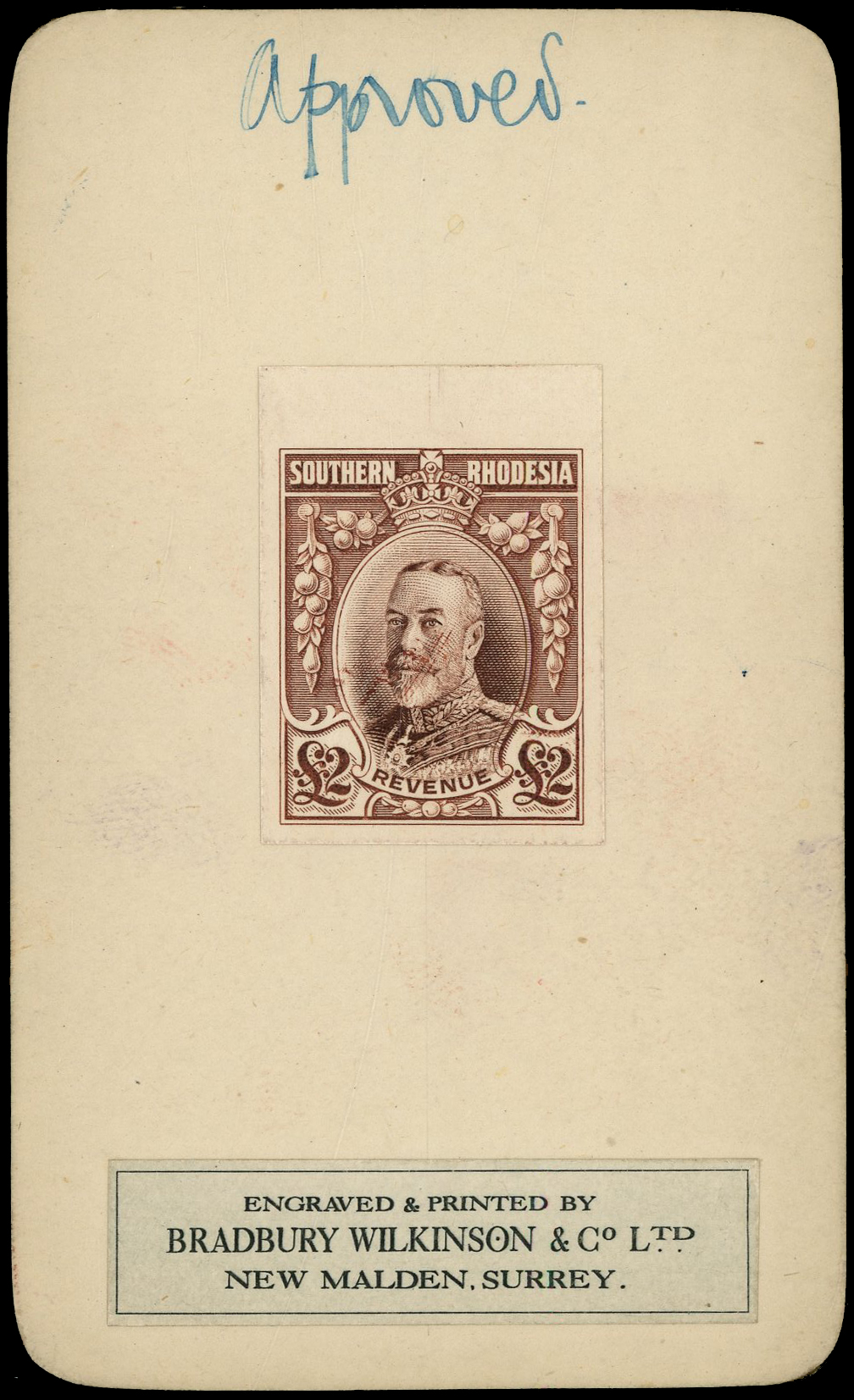 Southern Rhodesia 1930 £2 brown, imperforate colour trial
