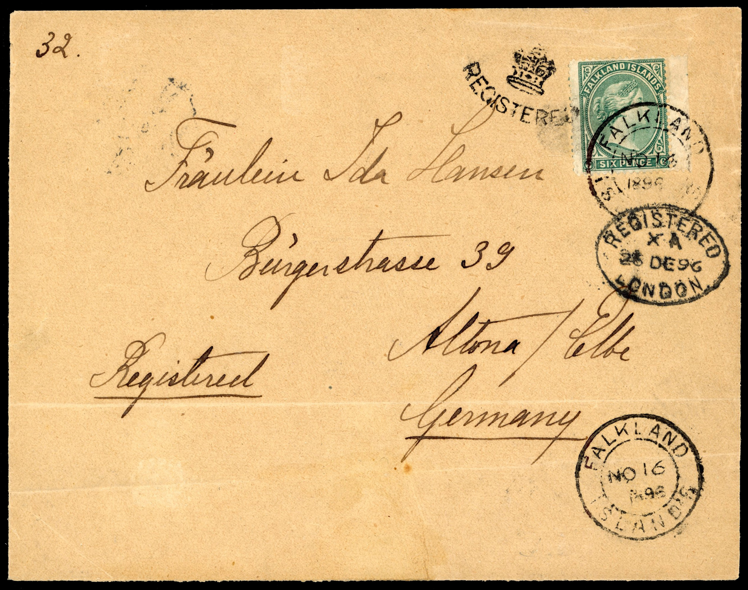 Falkland Islands 1896 registered envelope to Germany with 6d green