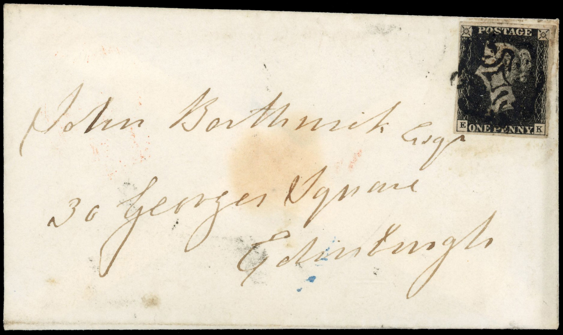 GB: POSTAL HISTORY: 1840 1d black, plate 9 (EK), close to good margins, on cover to Edinburgh