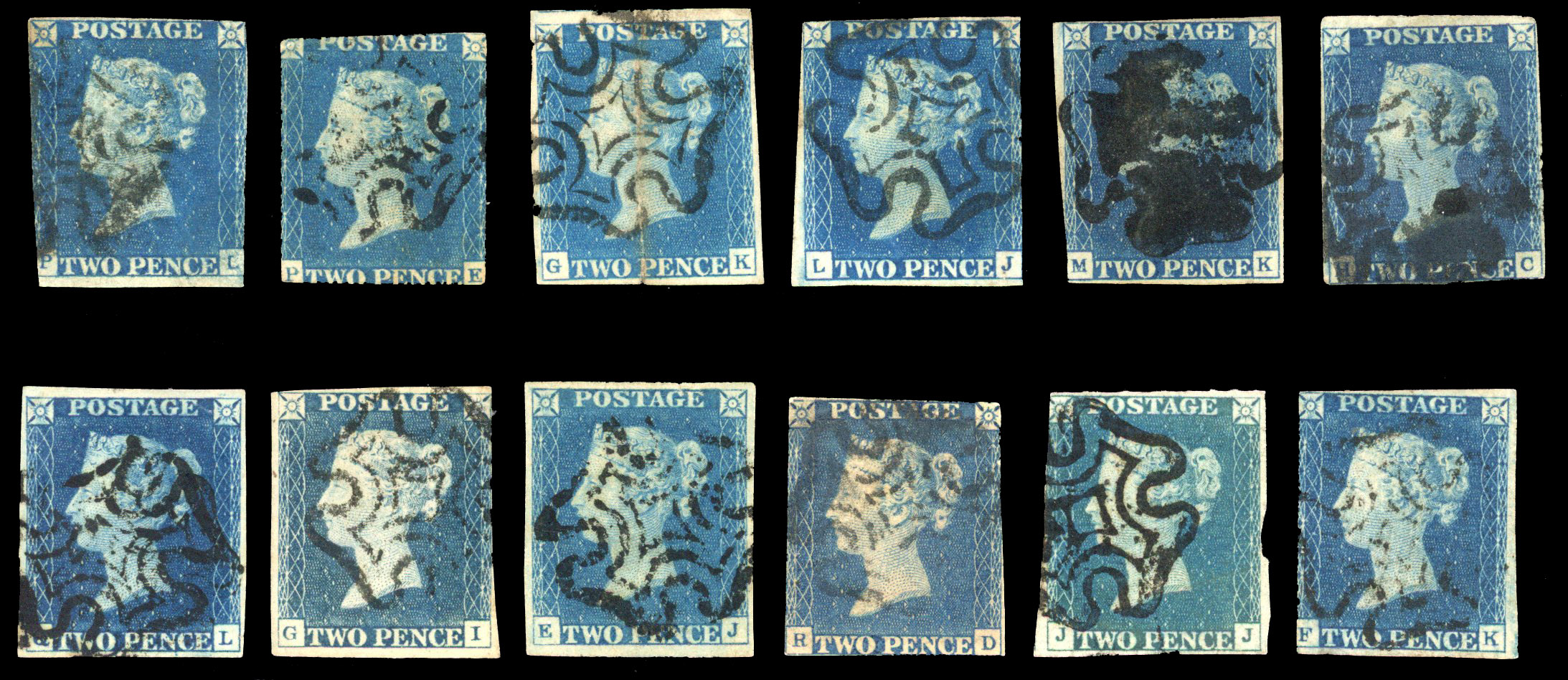 1840 2d blue unplated selection of twelve stamps all cancelled with black MC