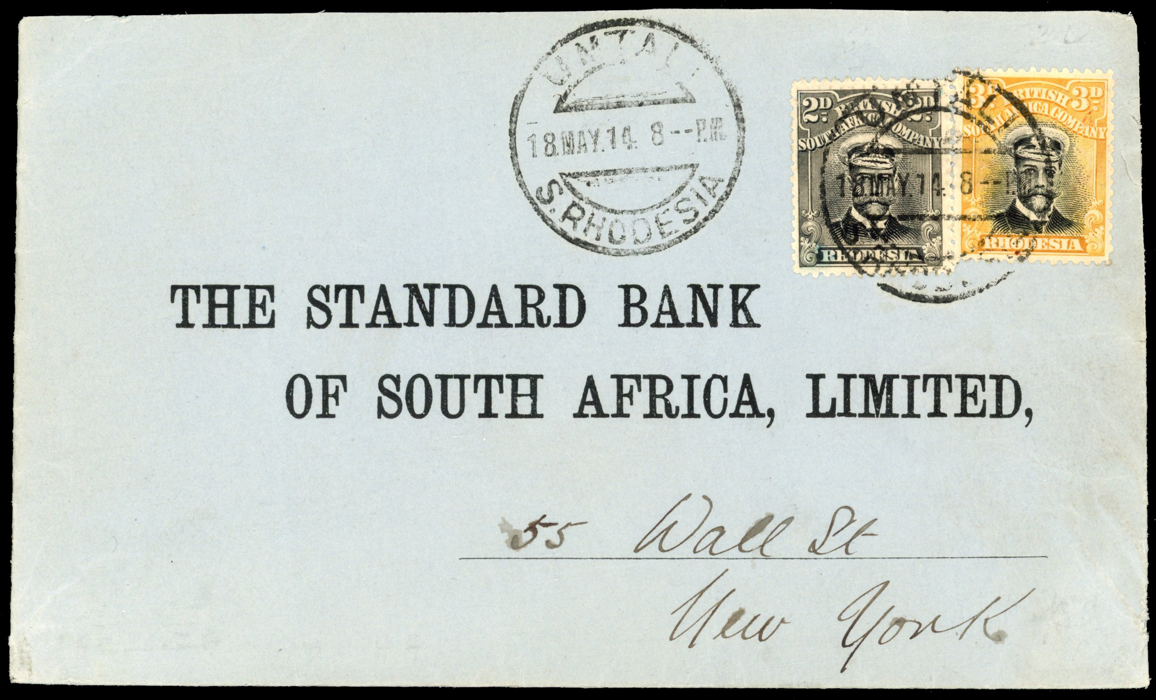 Rhodesia SG 209 1914 cover with 2d Die I and 3d Die II