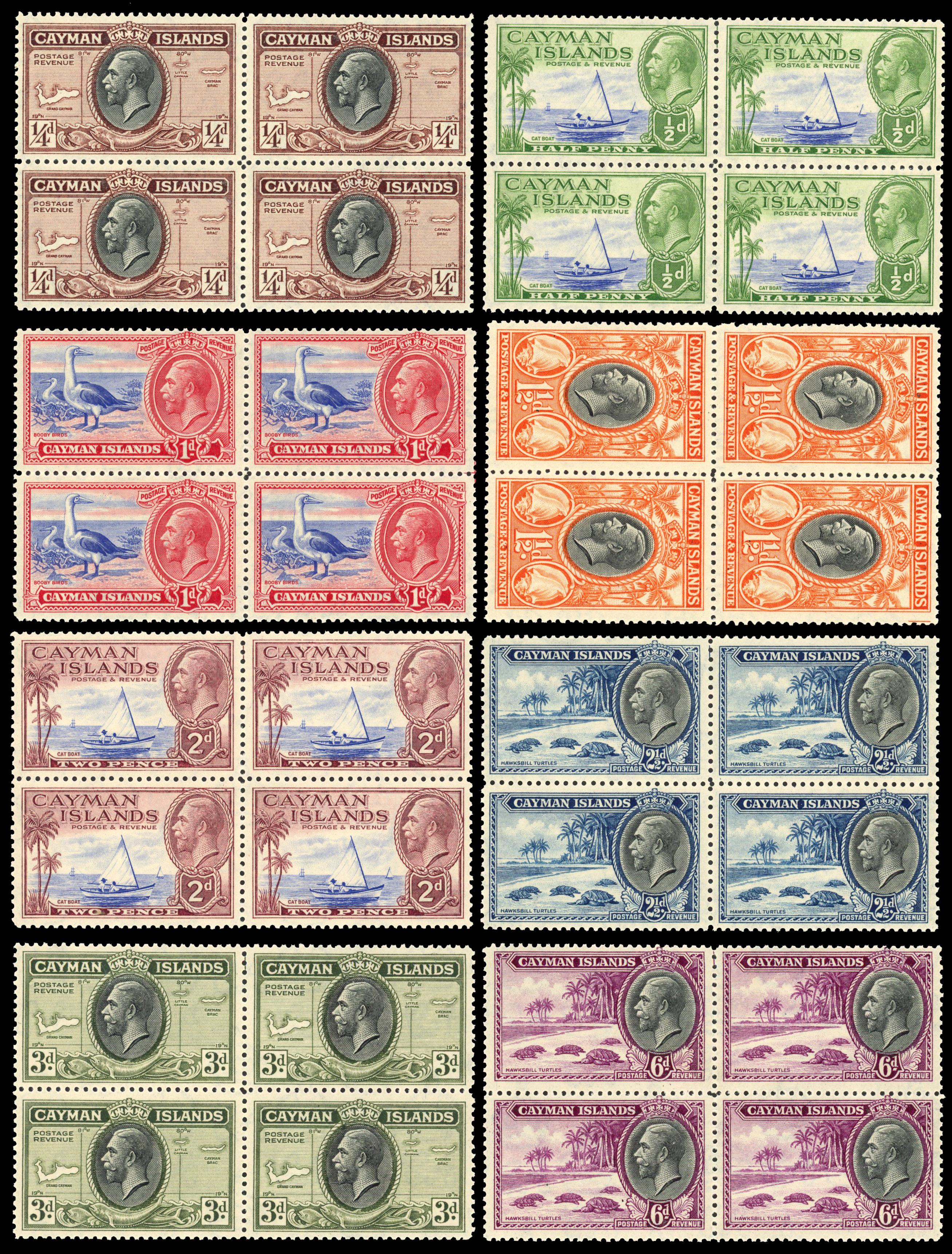 Cayman Islands 1935 set of 12 in blocks of 4