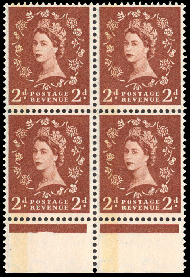 1959 2d light red-brown, one left phosphor band, ‘ERROR ST EDWARD’S COWN WATERMARK', lower marginal block of four