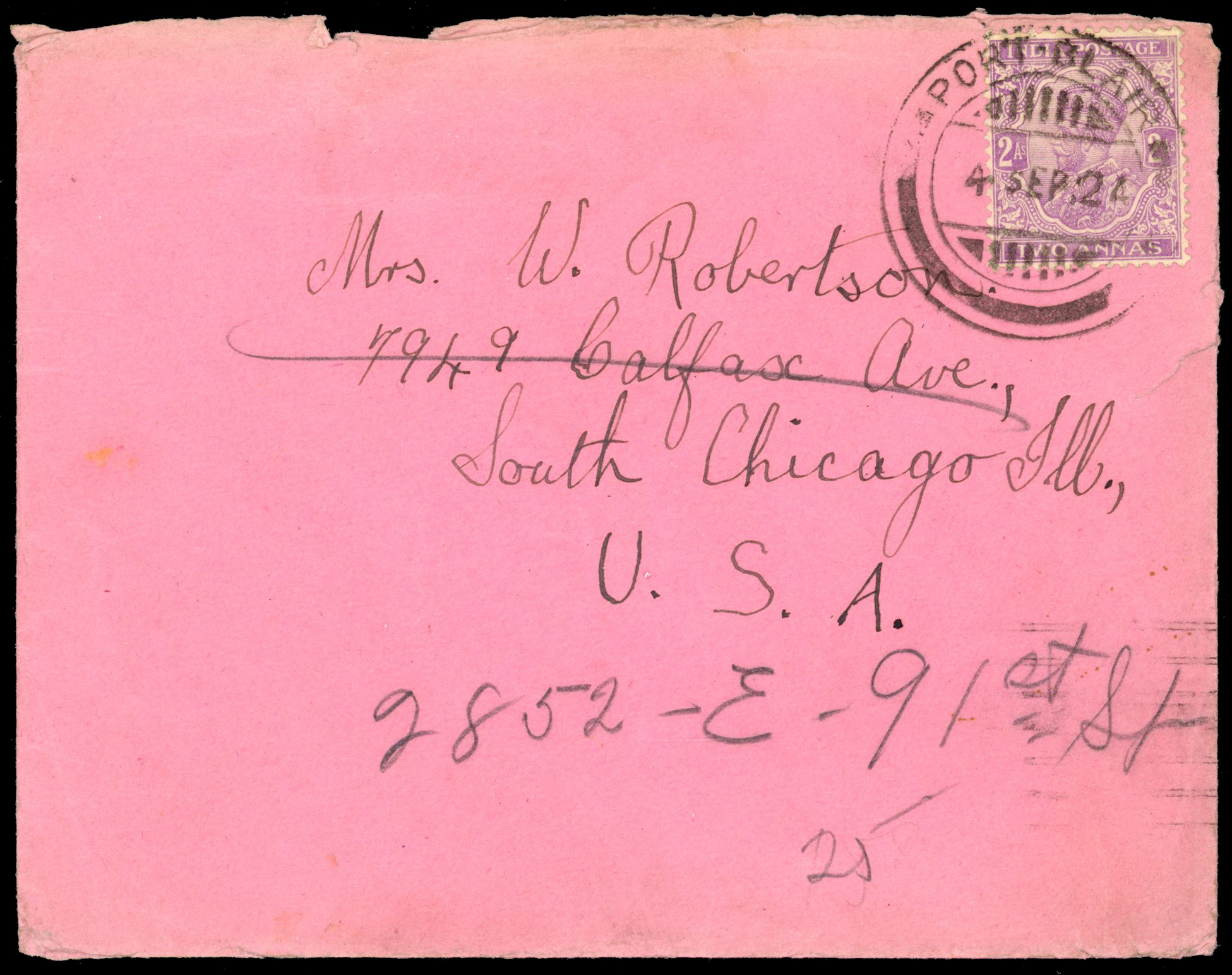 Burma 1924 cover to USA Port Blair cds 