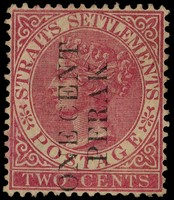 1887 1c on 2c pale rose with Type 27 surcharge in black, unused without gum, fine.  Several guarantees on reverse,...