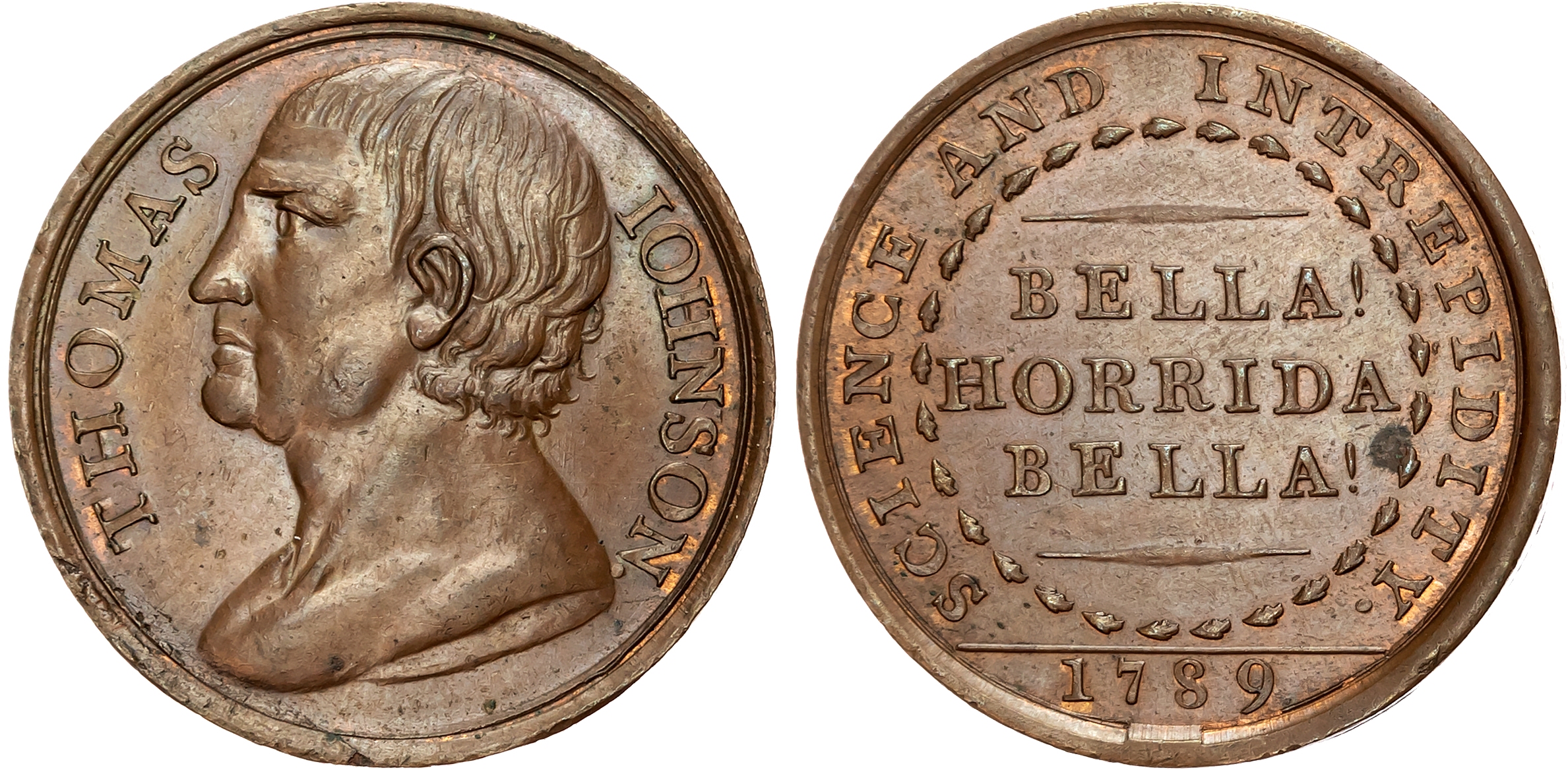 Oxon. Banbury, Prize Fighting Ring Penny/medalet 1789, unsigned, bust of Thomas Johnson left, rev . BELLA! HORRIDA BELLA …