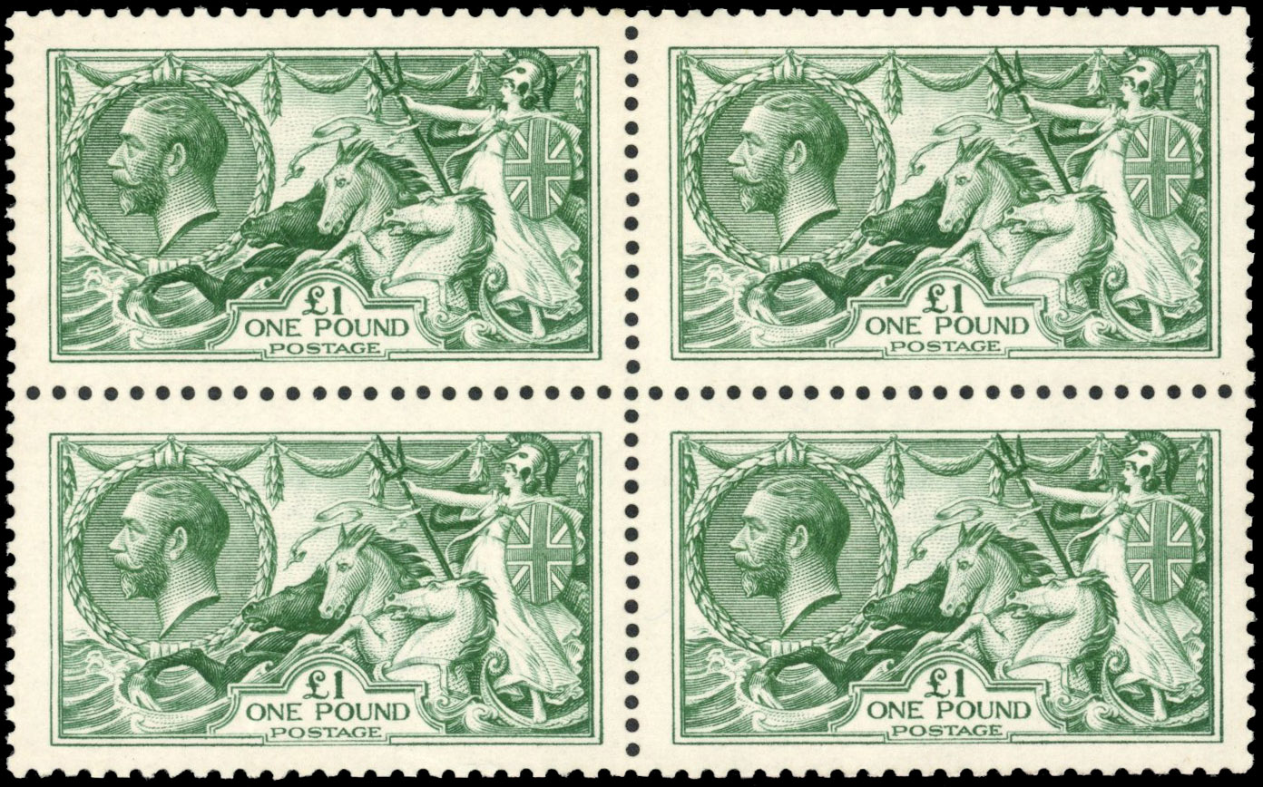 GB: 1913 Waterlow £1 dull blue-green, mint unmounted og well-centred block of four.