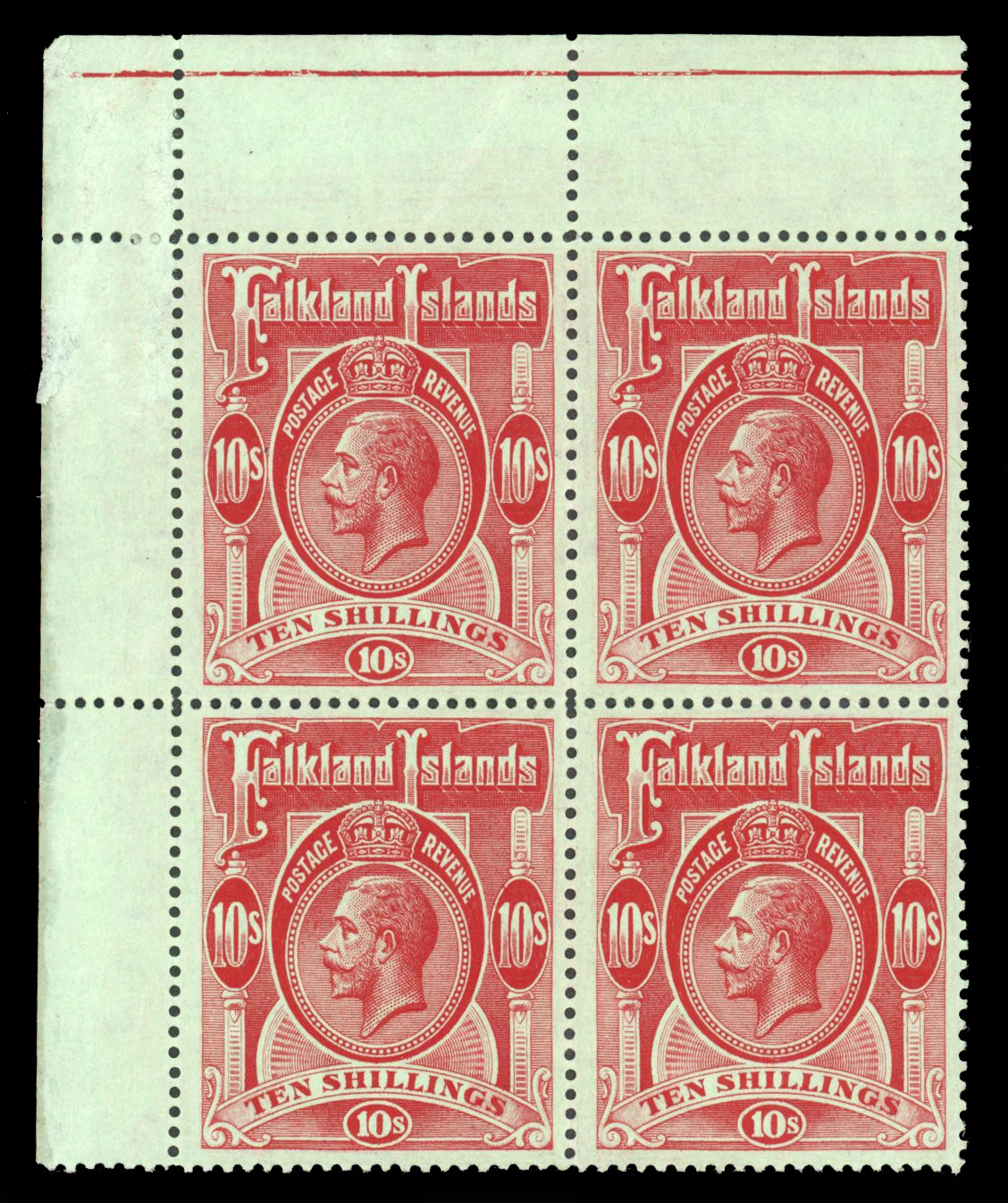 SG 68 1914 10/- corner block mint