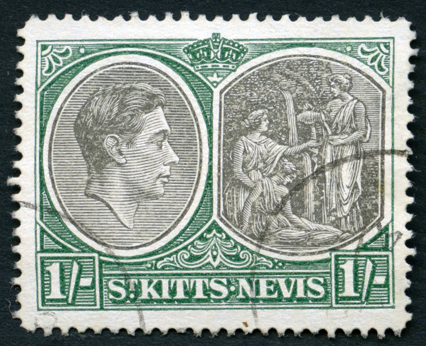 1943 1/- black and green on ordinary paper used, R3/2 break in value tablet frame. SG 75ba,...