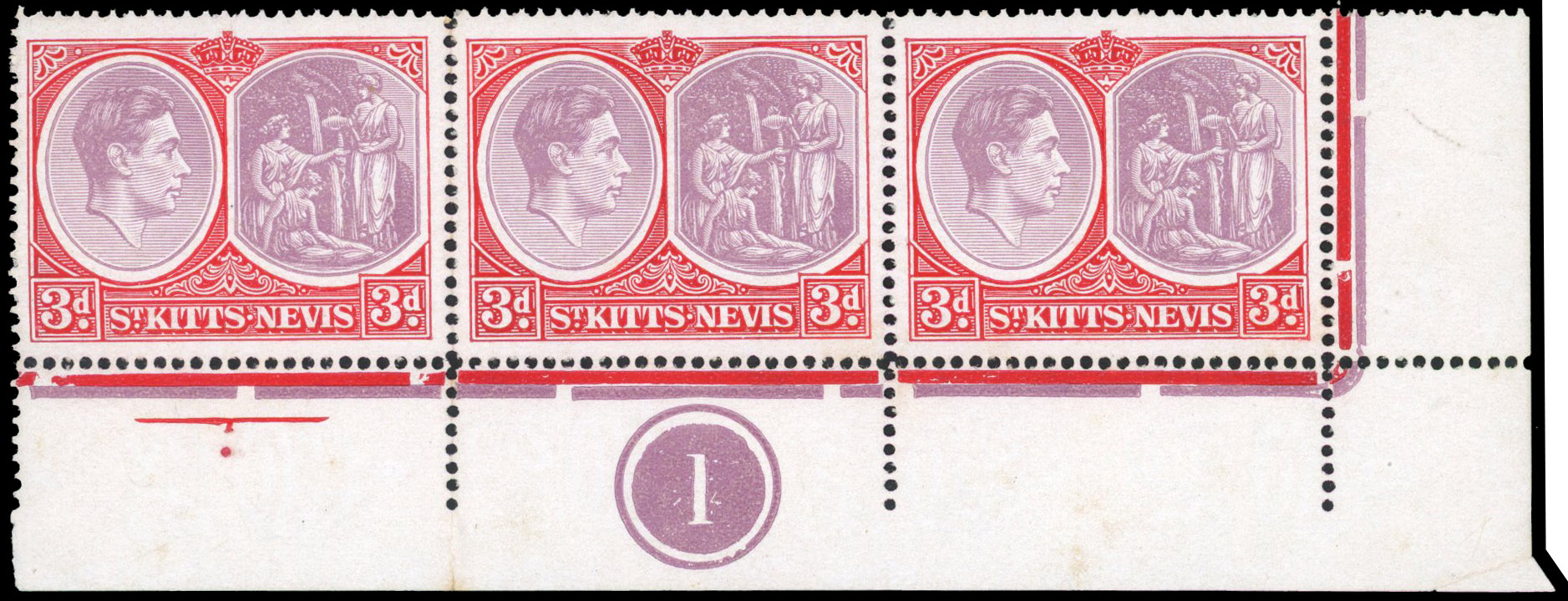 St Kitts-Nevis SG 73d, da 1946 3d tablet break strip mint