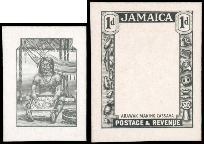 Jamaica 1920 pair of stamp-size die proofs for the 1919-21 1d vignette and frame, SG 78var