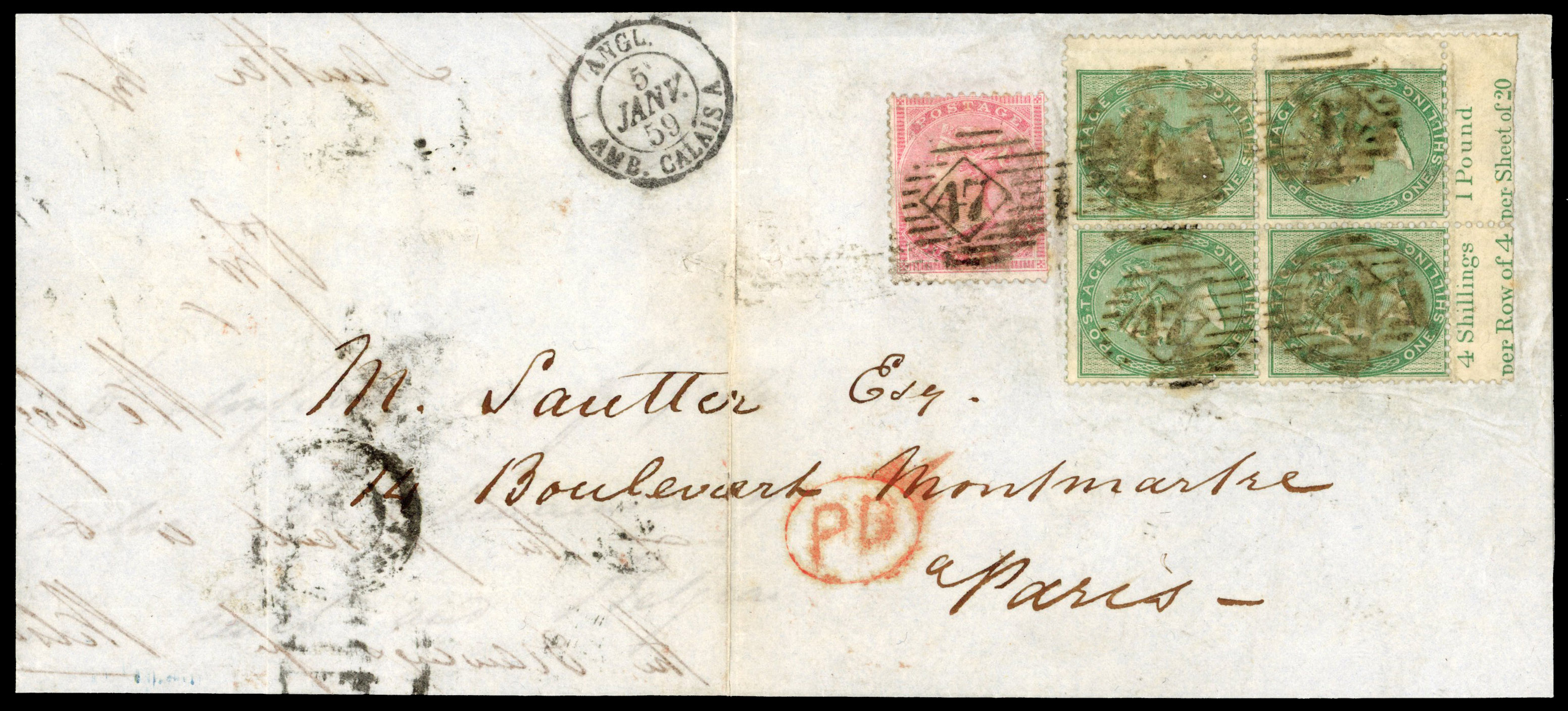 1859 Overseas mail. Entire from London to Paris with a bottom marginal block of four 1s