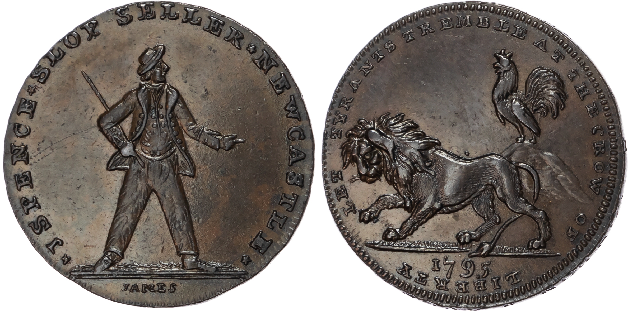 N’land. NewcastleuponTyne, Thomas Spence mule bronzed Halfpenny 1795, Sailor standing right, rev. cock crowing…