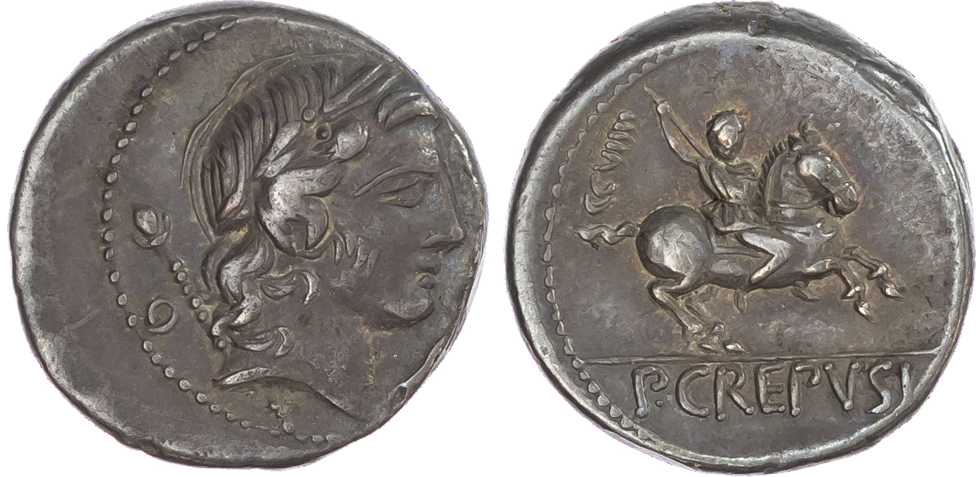 P. Crepusius (82 BC) AR Denarius, Rome, 3.90g. Laureate head of Apollo facing right, sceptre behind. Rev. Horseman galloping