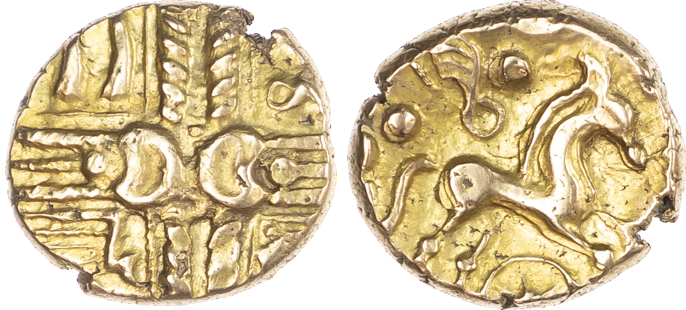 Trinovantes and Catuvellauni, Uninscribed (c. 60-20 BC) AV Stater, ‘Whaddon Chase’ type, 5.49g. Two crossed wreaths,