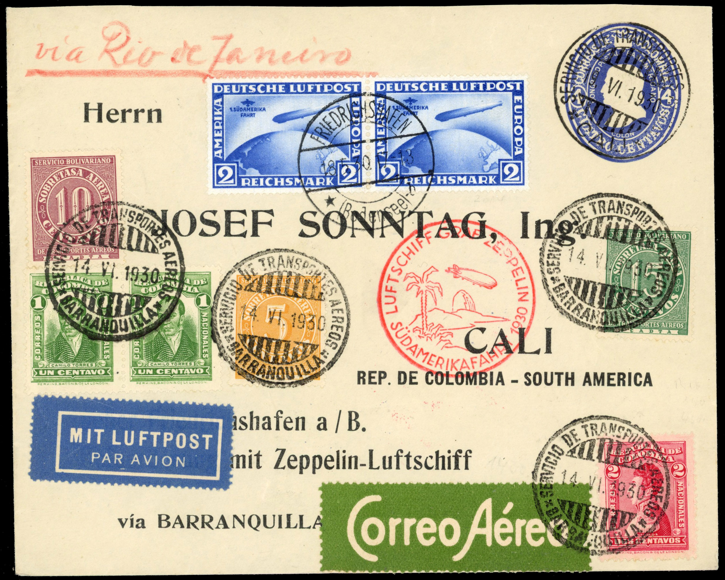 COLOMBIA Germany 1930 combination incoming Zeppelin cover