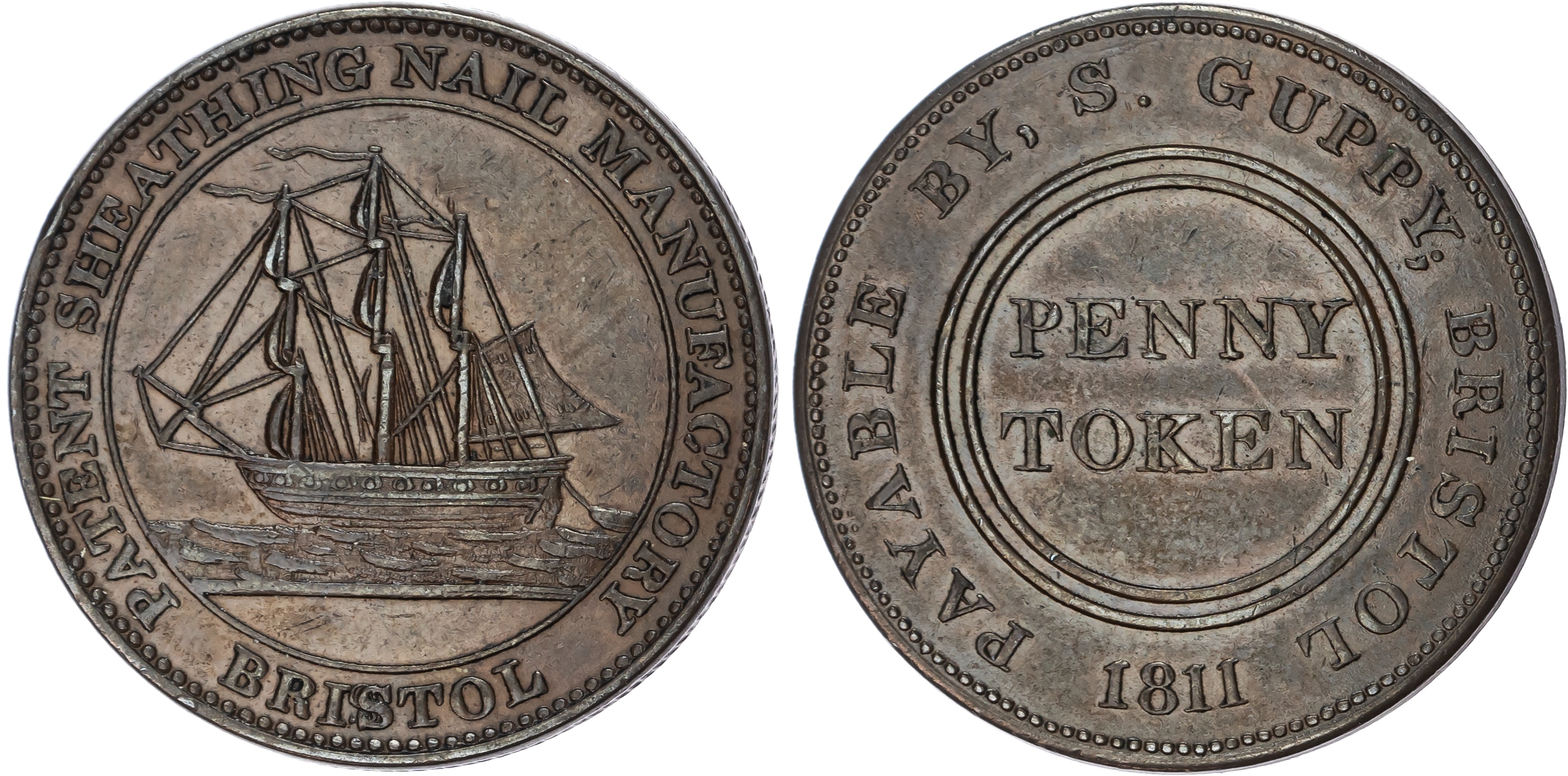 BRISTOL, Som. Samuel Guppy of the Patent Sheathing Nail Manufactory Penny 1811, Another similar with 10 portho…