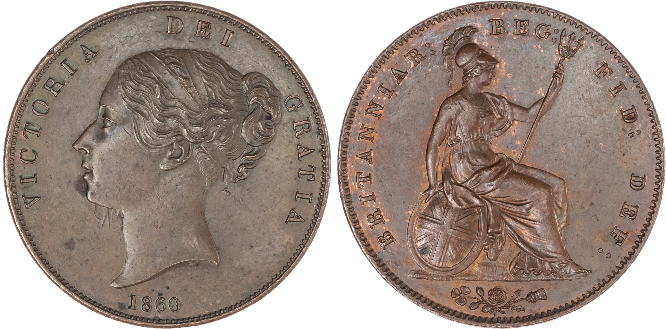 Victoria (1837-1901), Copper Penny, 1860/59, young head left, reverse Britannia standing right with shield and trident,