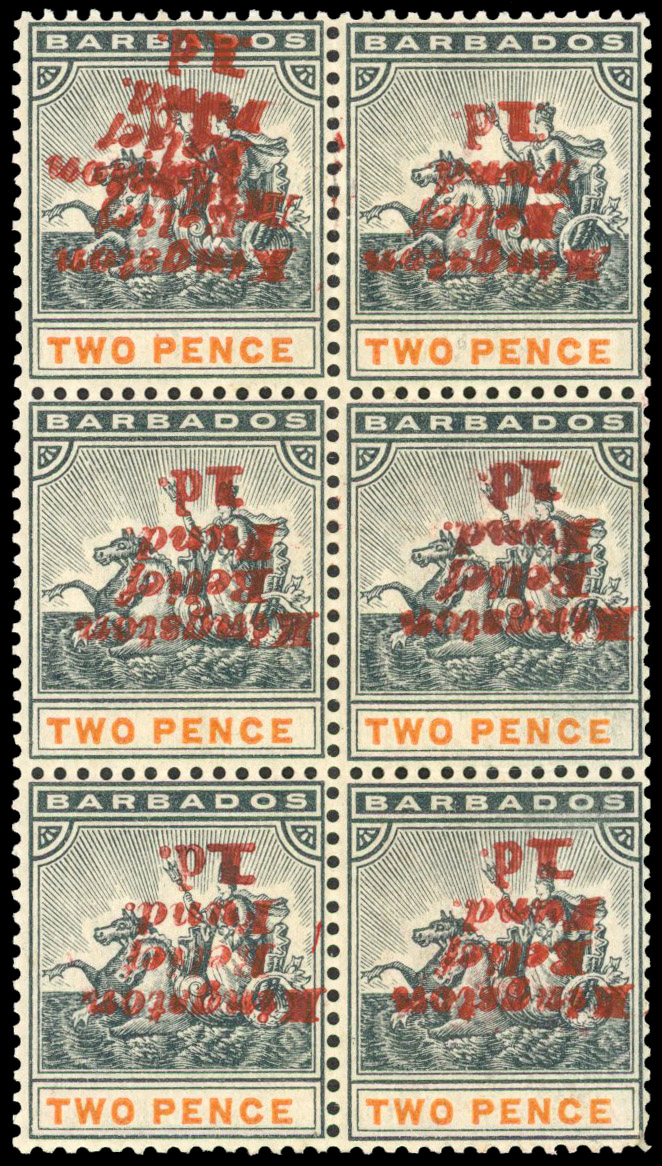 BARBADOS: 1907 1907 1d on 2d in block of 6, surcharge inverted, the upper left stamp surcharge double, both inverted with