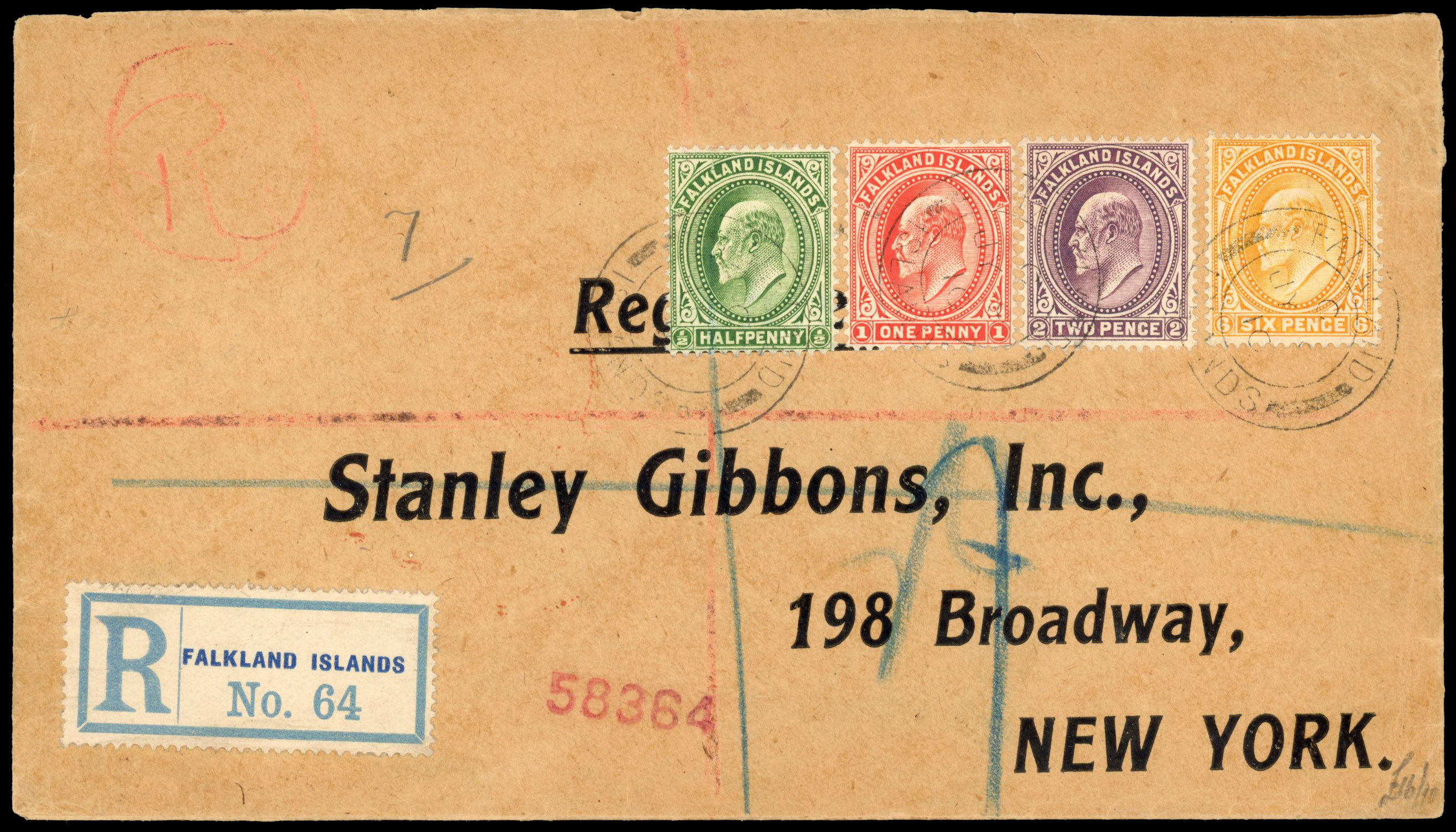 Falkland Islands 1910 registered cover to Stanley Gibbons, SG 43/47