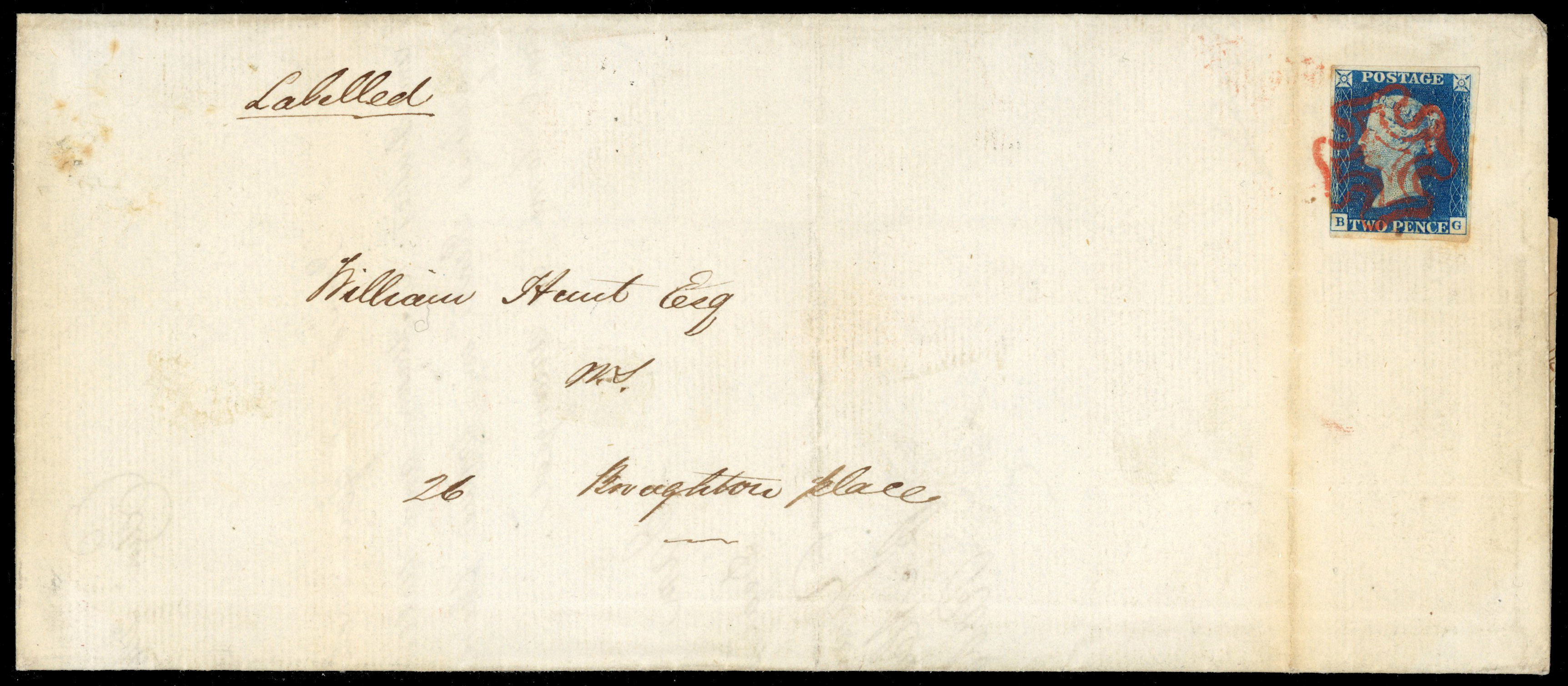 1840 cover franked by 2d bright blue (BG) red MC