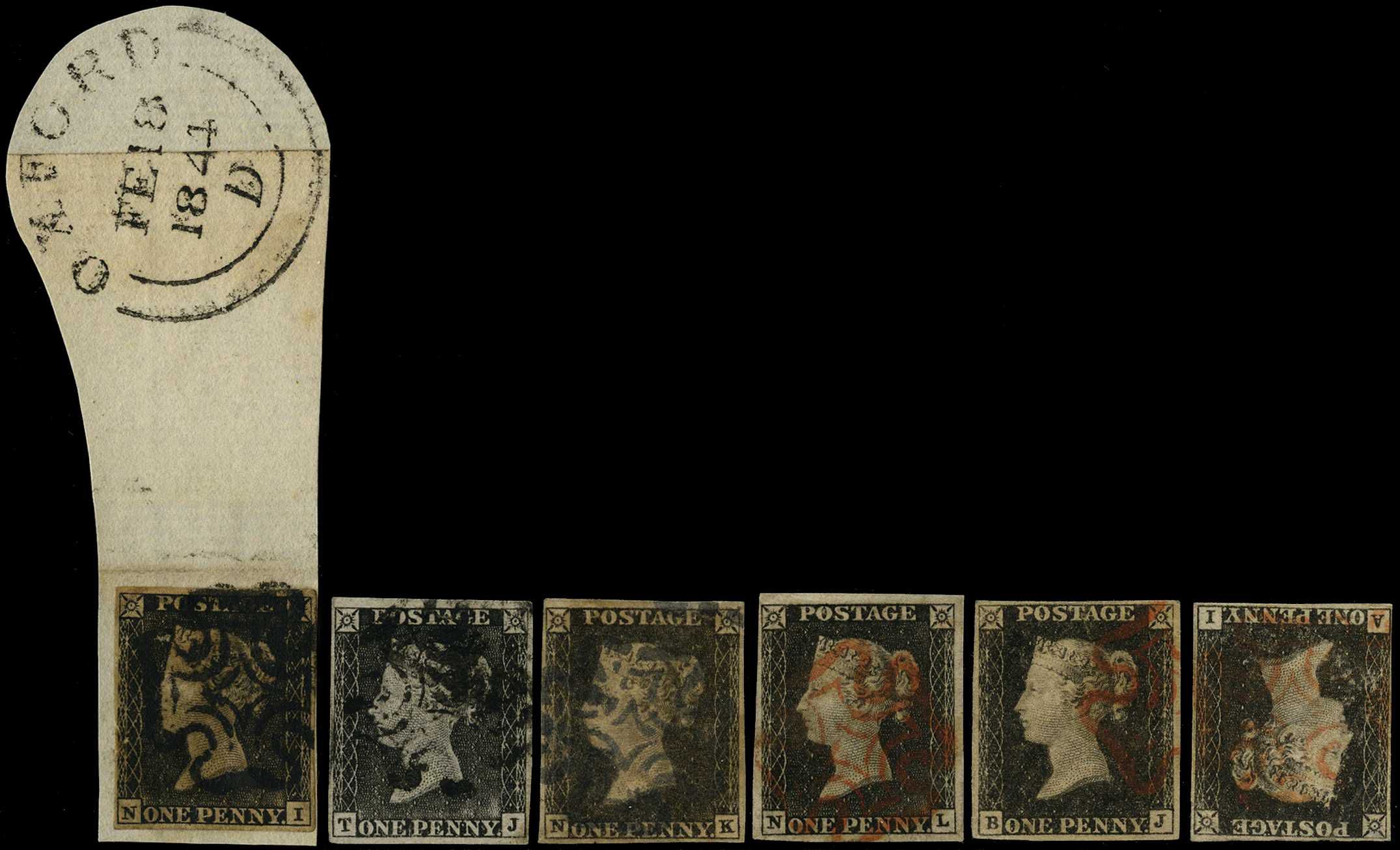 1840 1d black, Plate 1a selection of six...