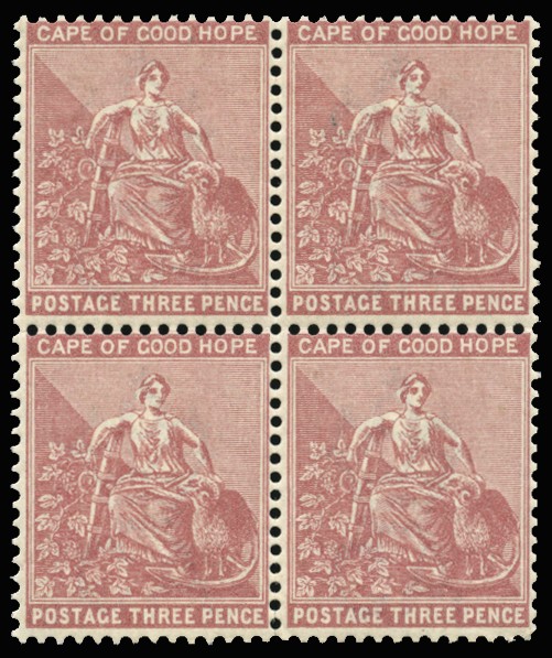 1882-83 3d pale claret, wmk CA, block of...