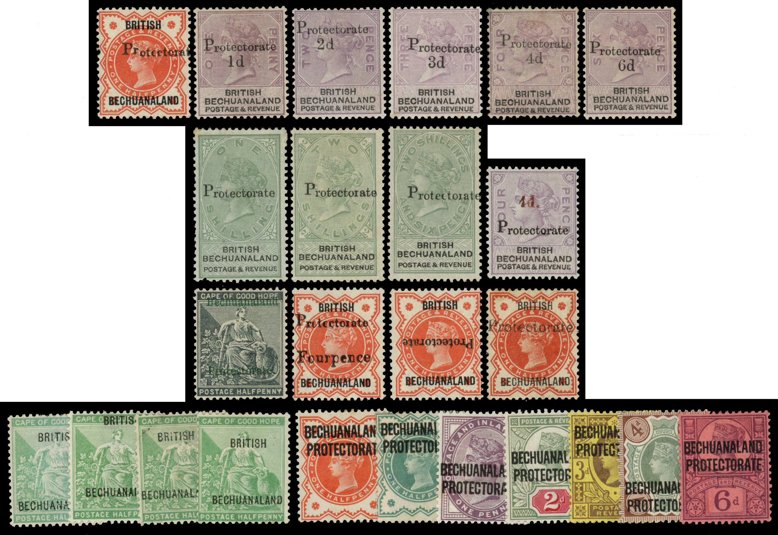 BECHUANALAND: Mint on card including 1888 to 2s6d (1s fault), 4d on 4d, 1889 4d on ½d, 1890 ½d “Protectorate” inverted, and