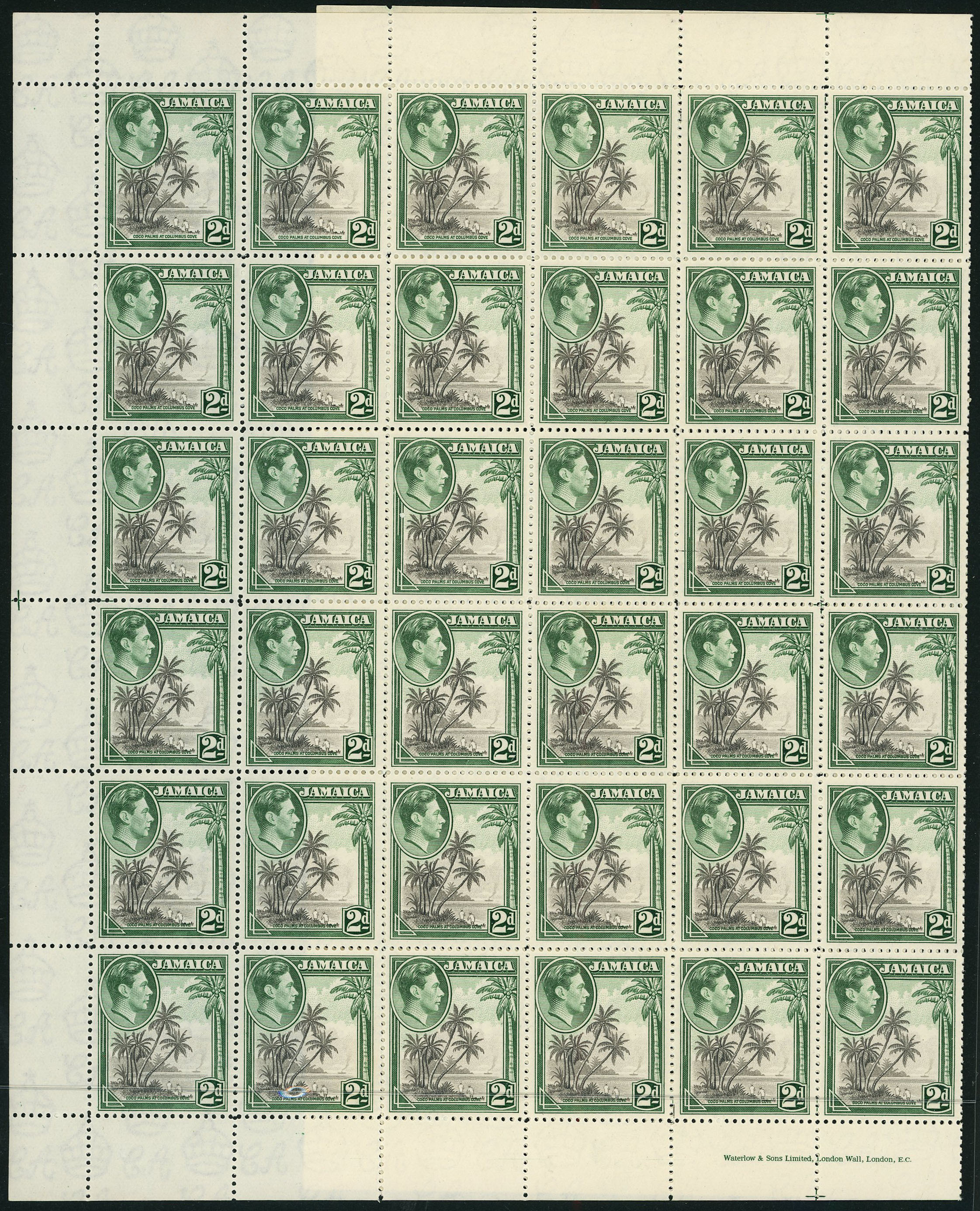 1938 2d grey and green perf 12½ unmounted o.g. sheet of sixty, Plate 3 - (1) R6/1 extra branch and 6/10 fishing rod. ...